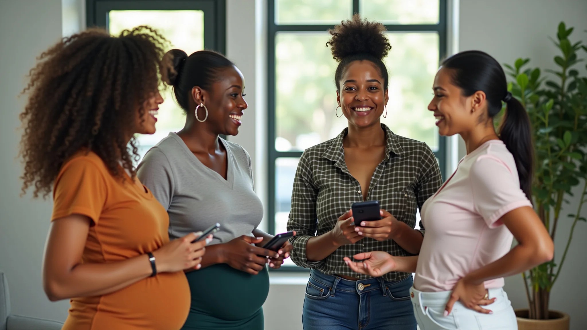 Grupo diverso de mulheres em looks confortáveis de trabalho pós-parto conversando em escritório moderno.