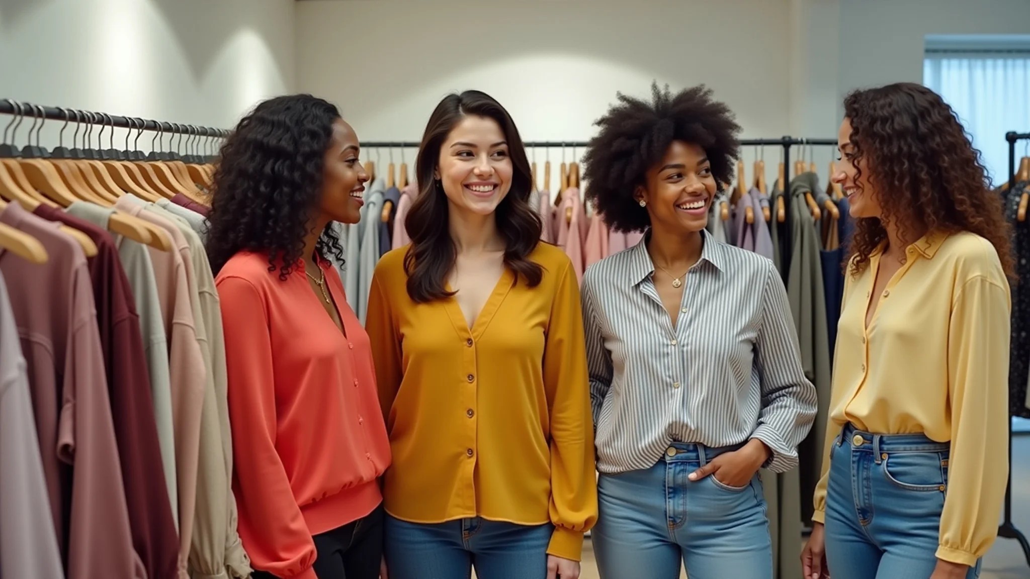 Mulheres diversas experimentando blusas de diferentes estilos em loja de roupas colorida.