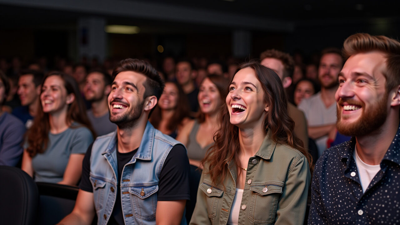 Pessoas rindo em show de stand-up comedy com roupas casuais.