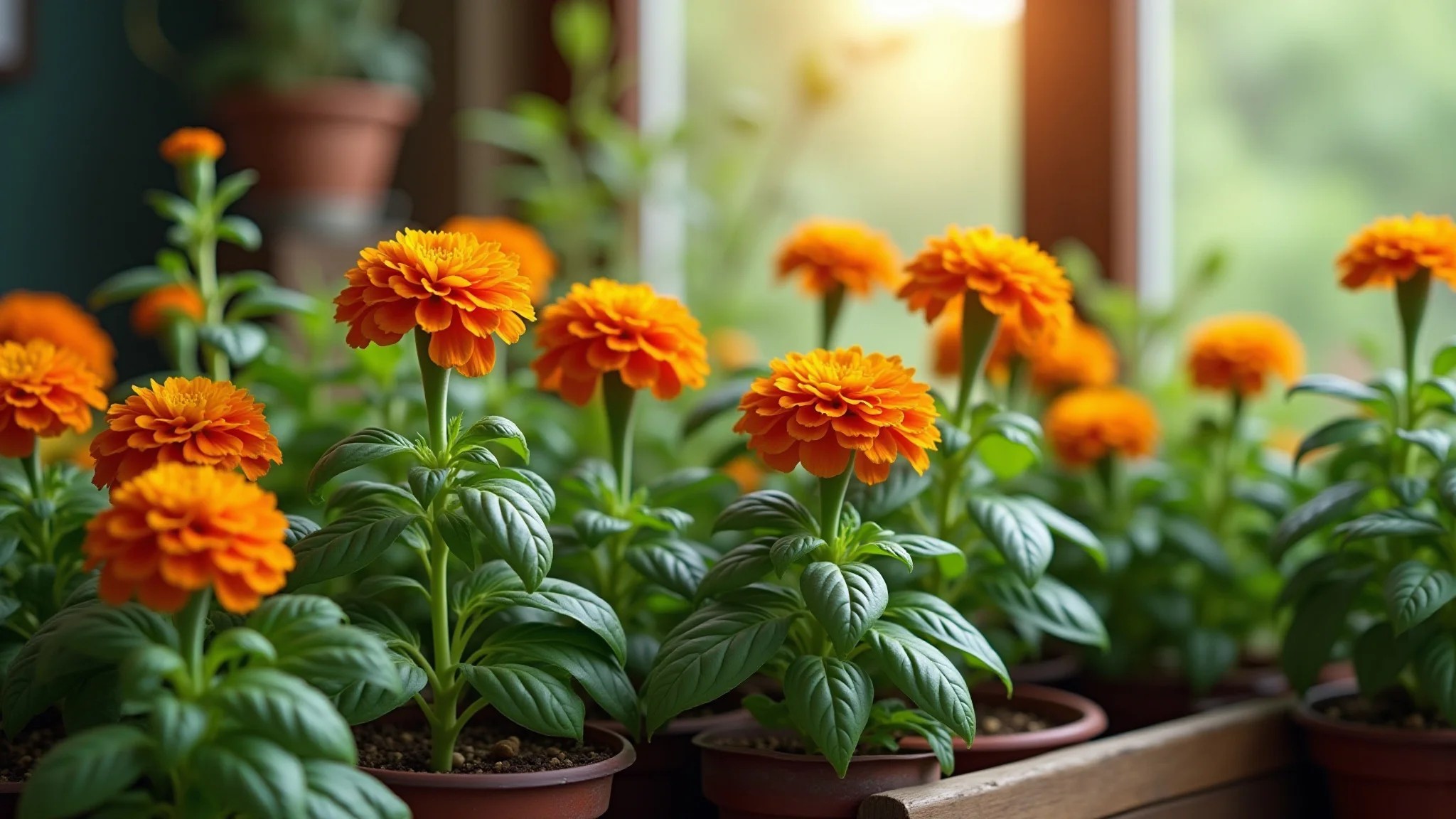 Horta caseira com plantio consorciado de calêndulas e manjericão.