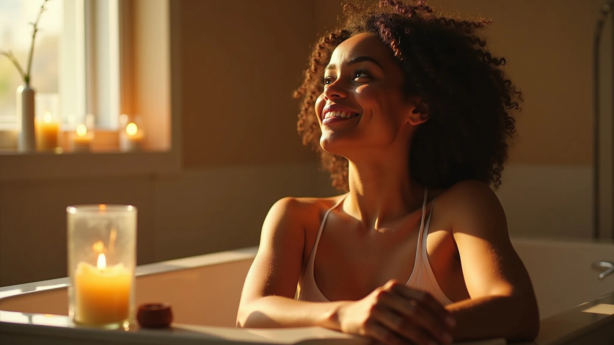 Mulher madura relaxando em banheiro à luz de velas, decoração brasileira.