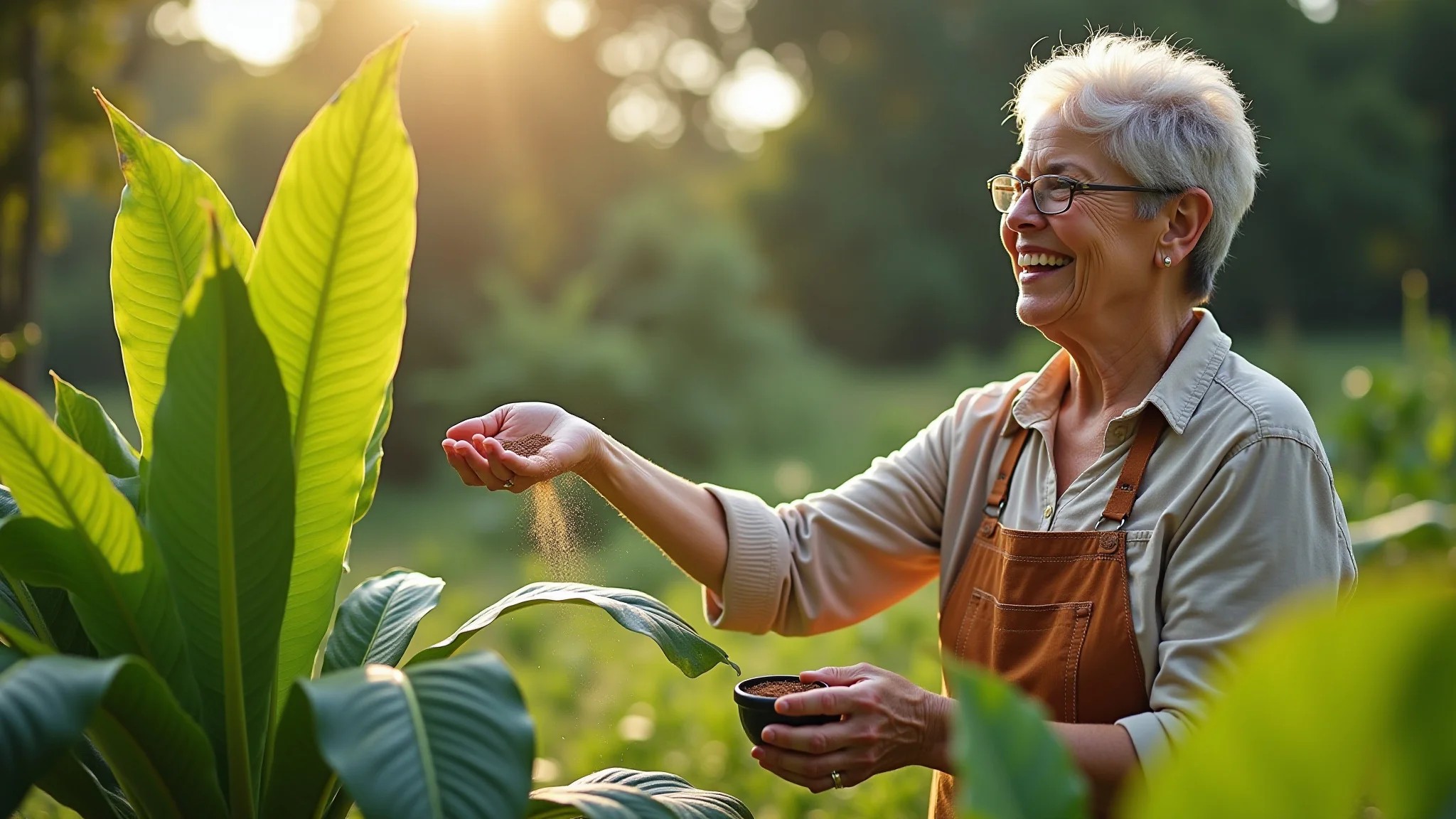 Mulher idosa diversa adubando planta com borra de café em jardim ensolarado.