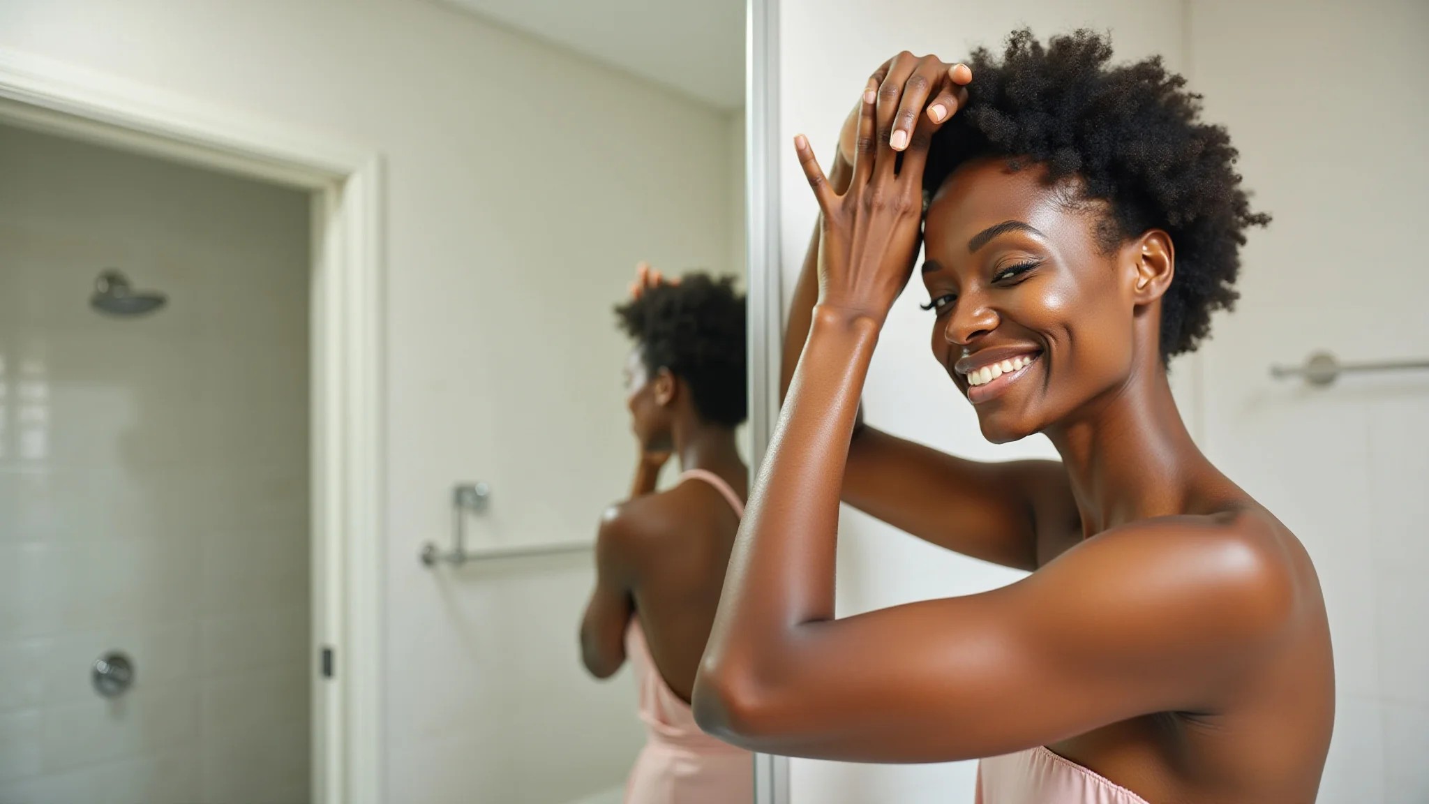 Mulher diversa aplicando água termal após a rotina de skincare em banheiro com decoração brasileira.