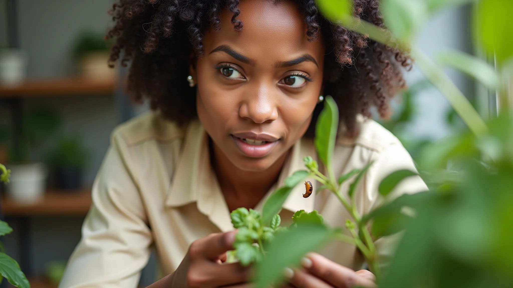 Mulher diversa preocupada observando lesmas em planta no jardim.