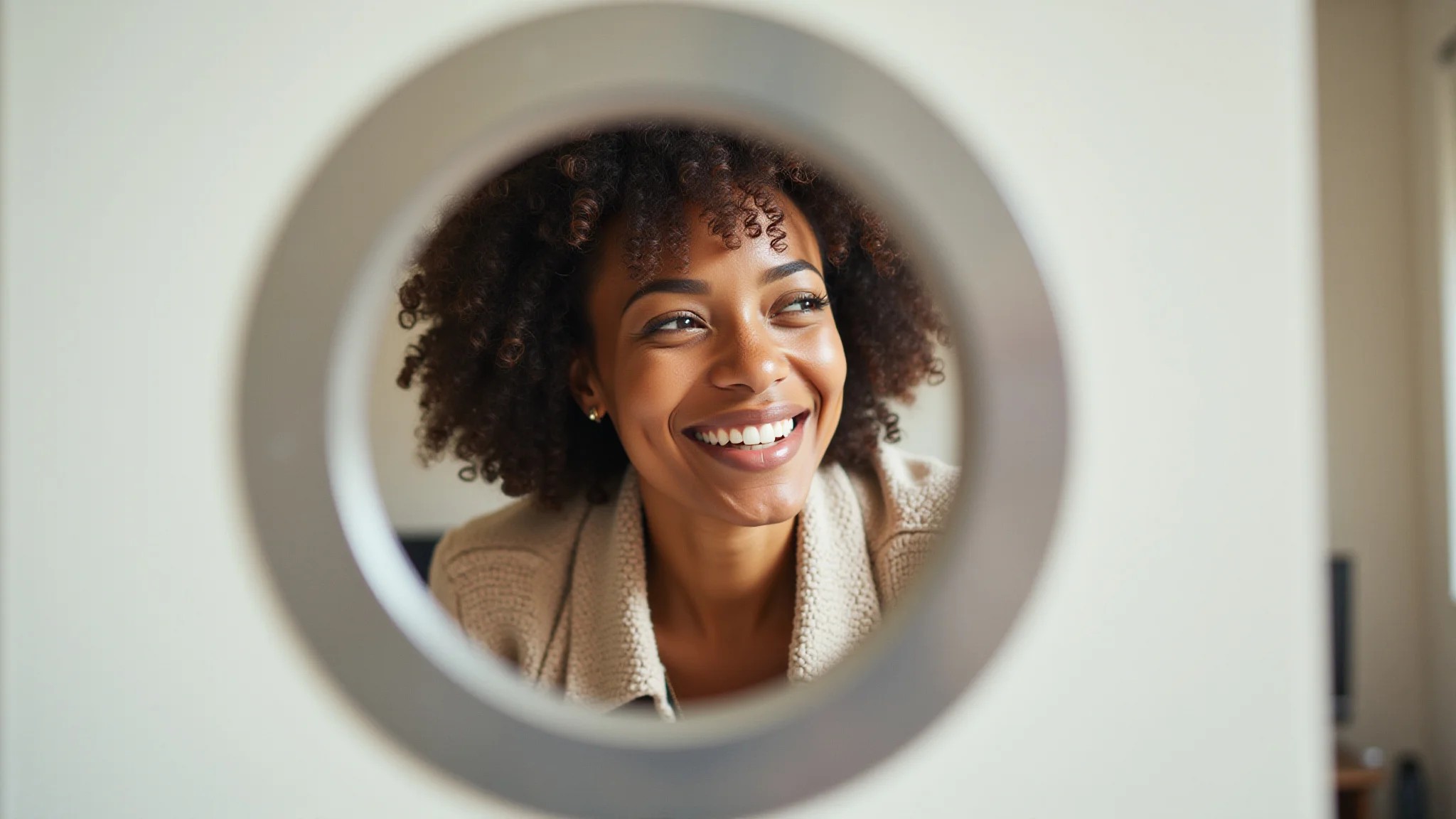 Mulher sorrindo olhando através de um olho mágico instalado em sua porta.
