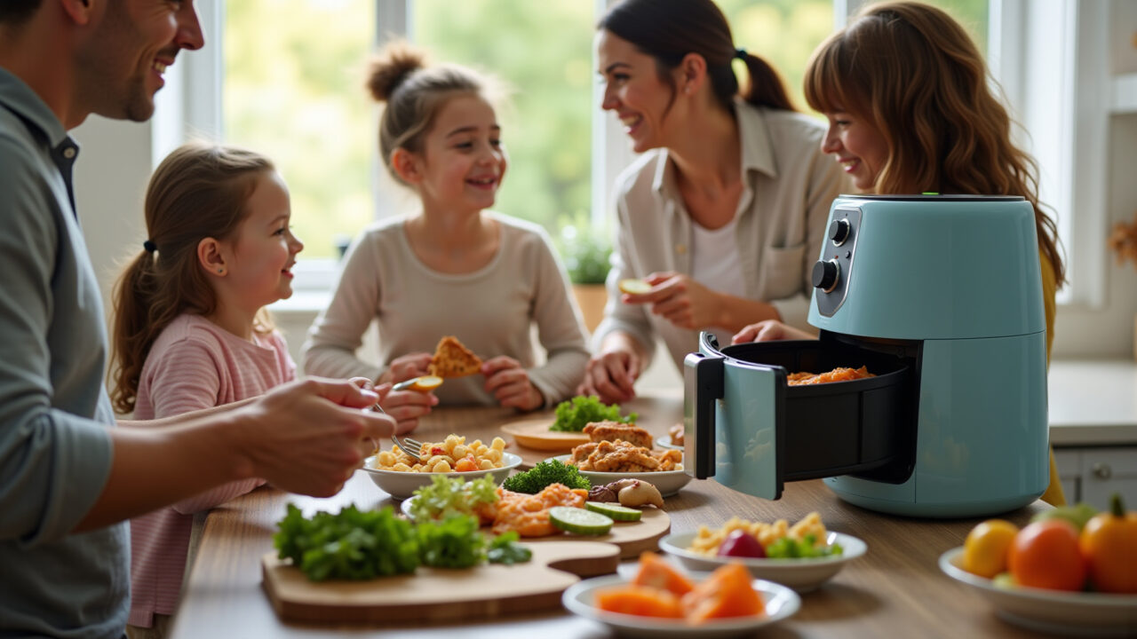 Família preparando comida saudável com air fryer.
