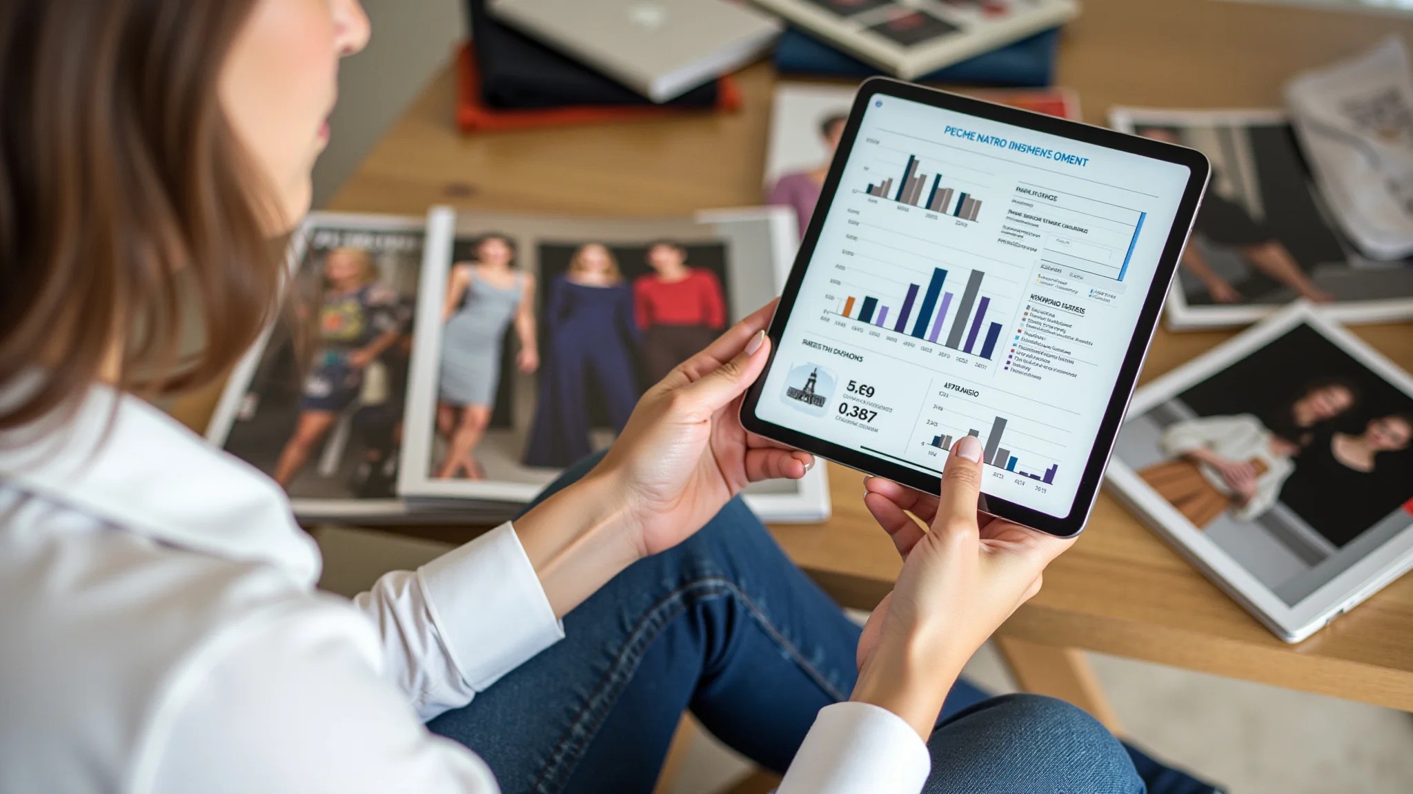 Empreendedora de moda analisando dados de marketing digital em um tablet.