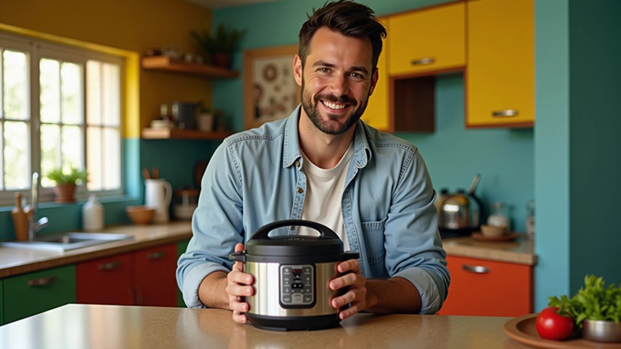 Pai sorrindo ao usar panela de pressão elétrica em cozinha brasileira vibrante.