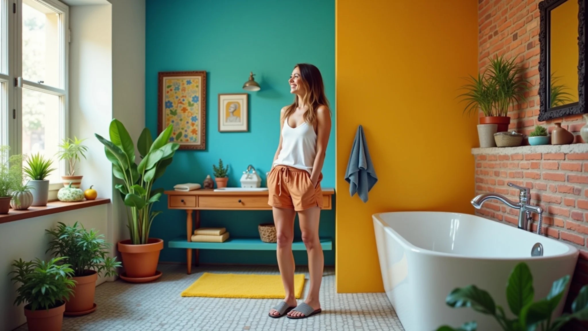 Banheiro DIY finalizado, claro e colorido com decoração brasileira e uma mulher feliz.