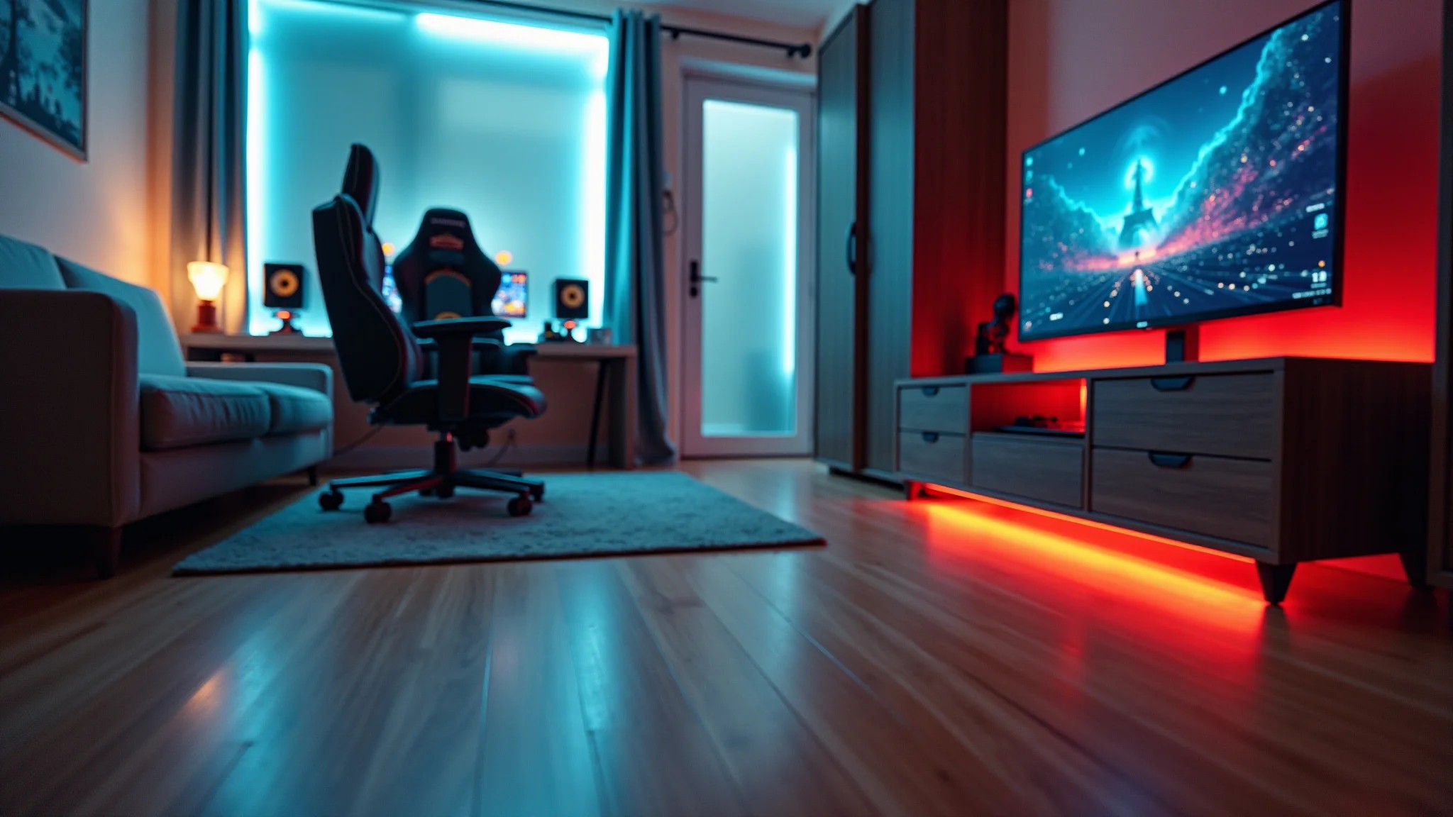 Quarto de gamer com piso laminado durável, móveis modernos e iluminação clara.
