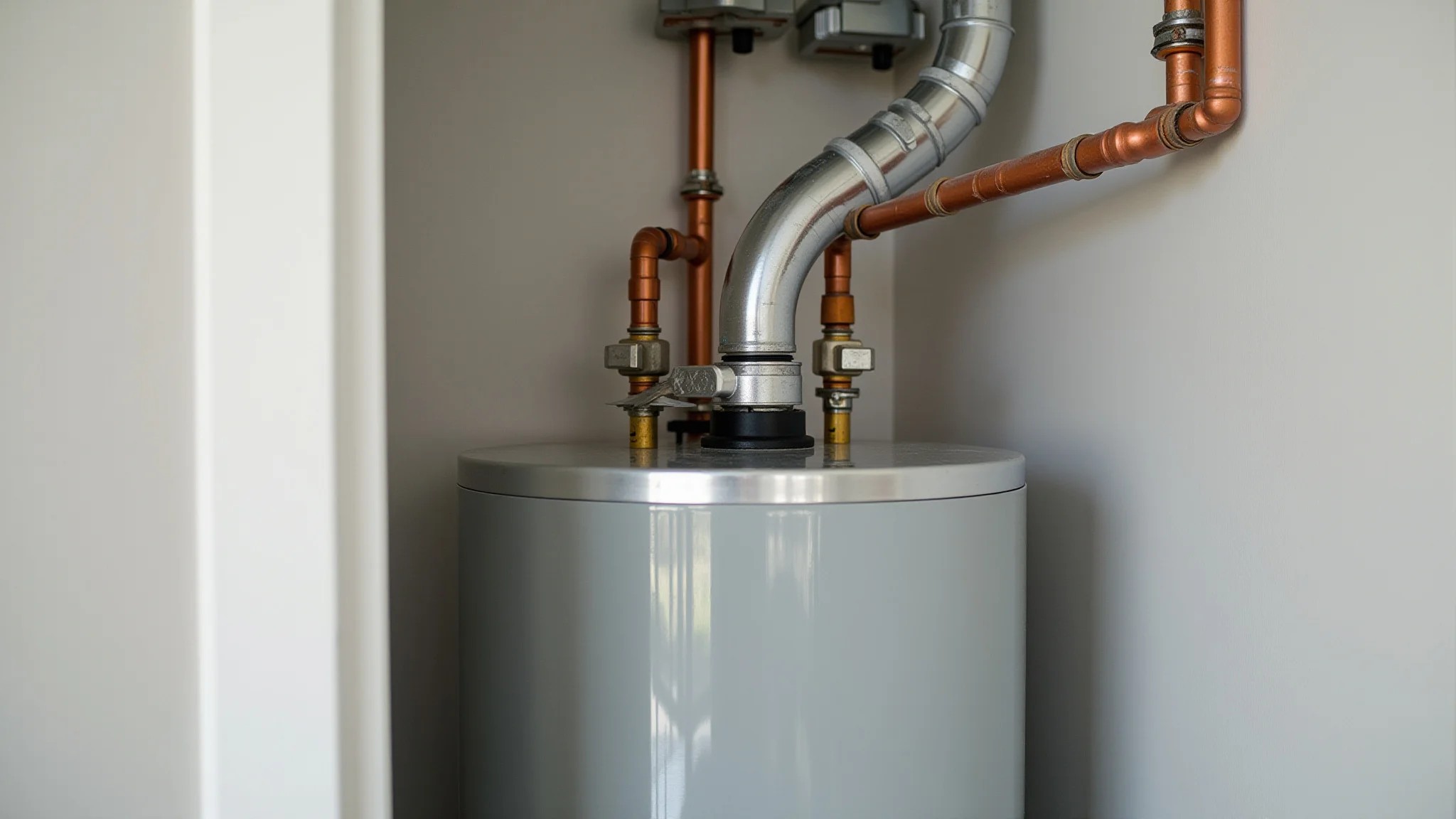 Detalhe da instalação de um aquecedor a gás, mostrando as conexões e tubulações.