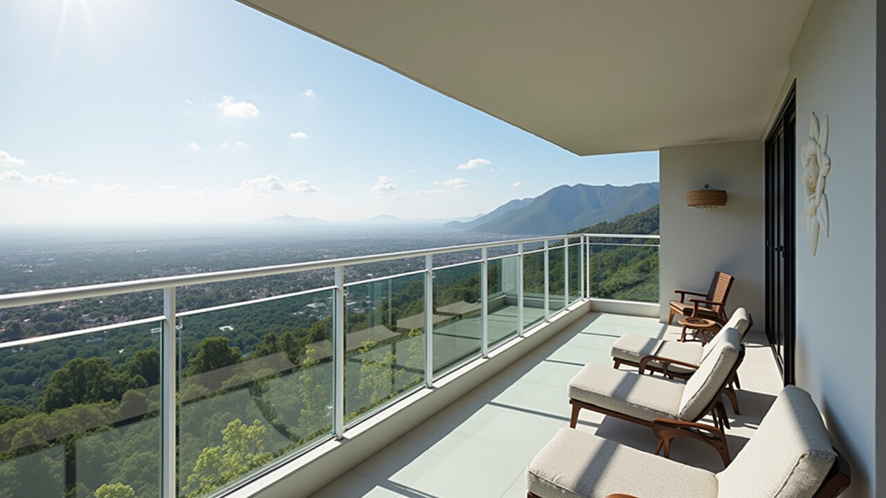 Sacada de vidro com guarda-corpo de vidro e vista panorâmica.