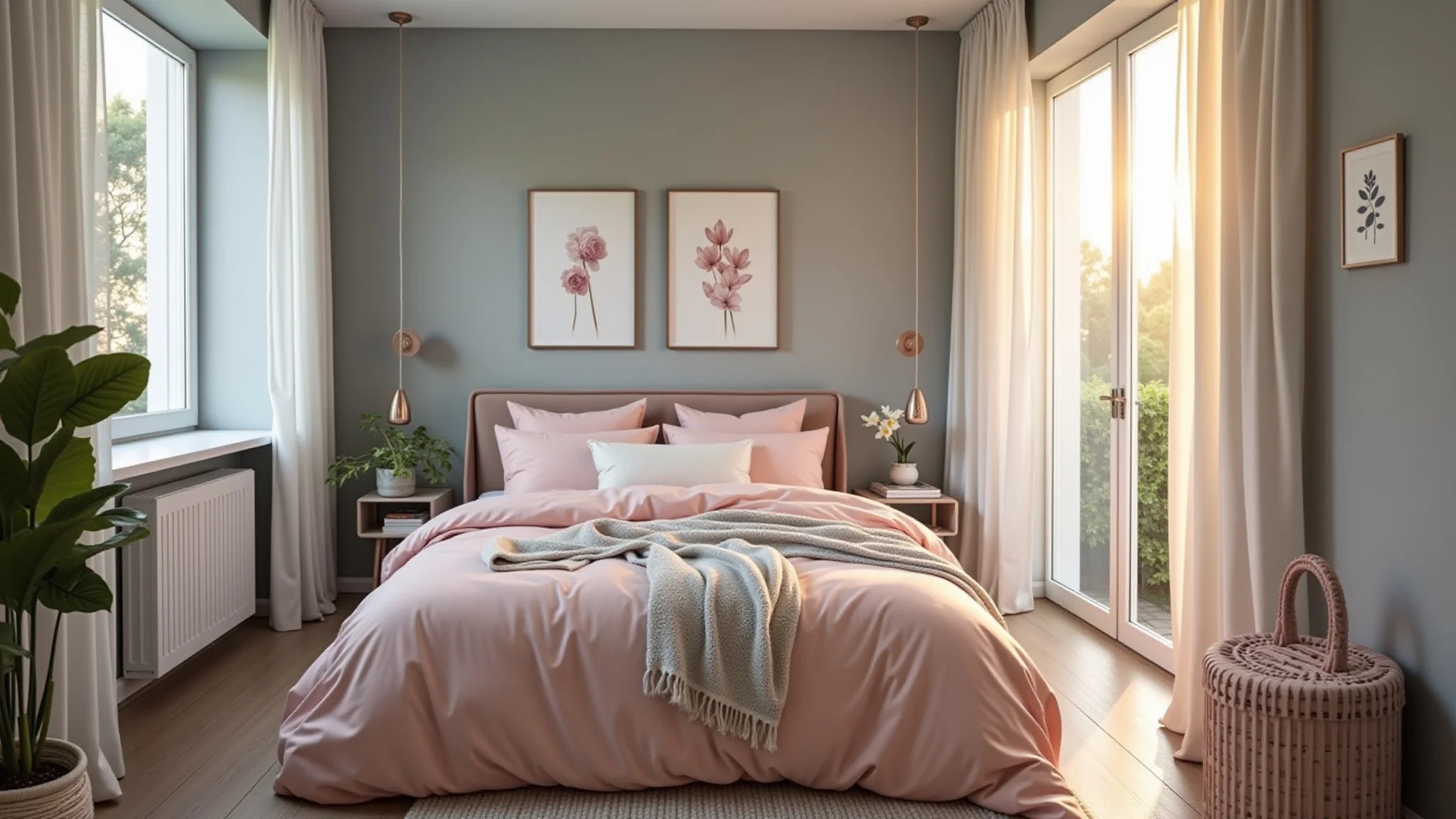 Quarto cinza com tons pastel, roupa de cama rosa e decoração delicada.