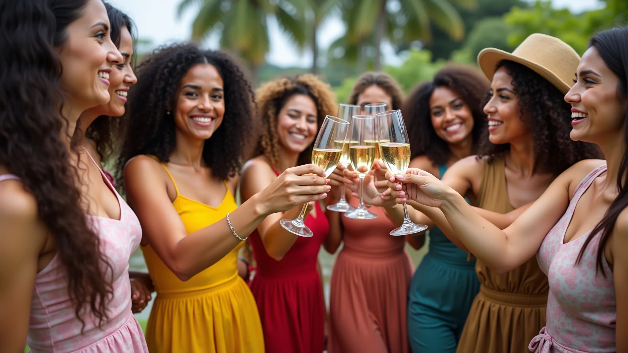 Grupo de amigas brindando em Salvador durante o Réveillon, celebrando a amizade.