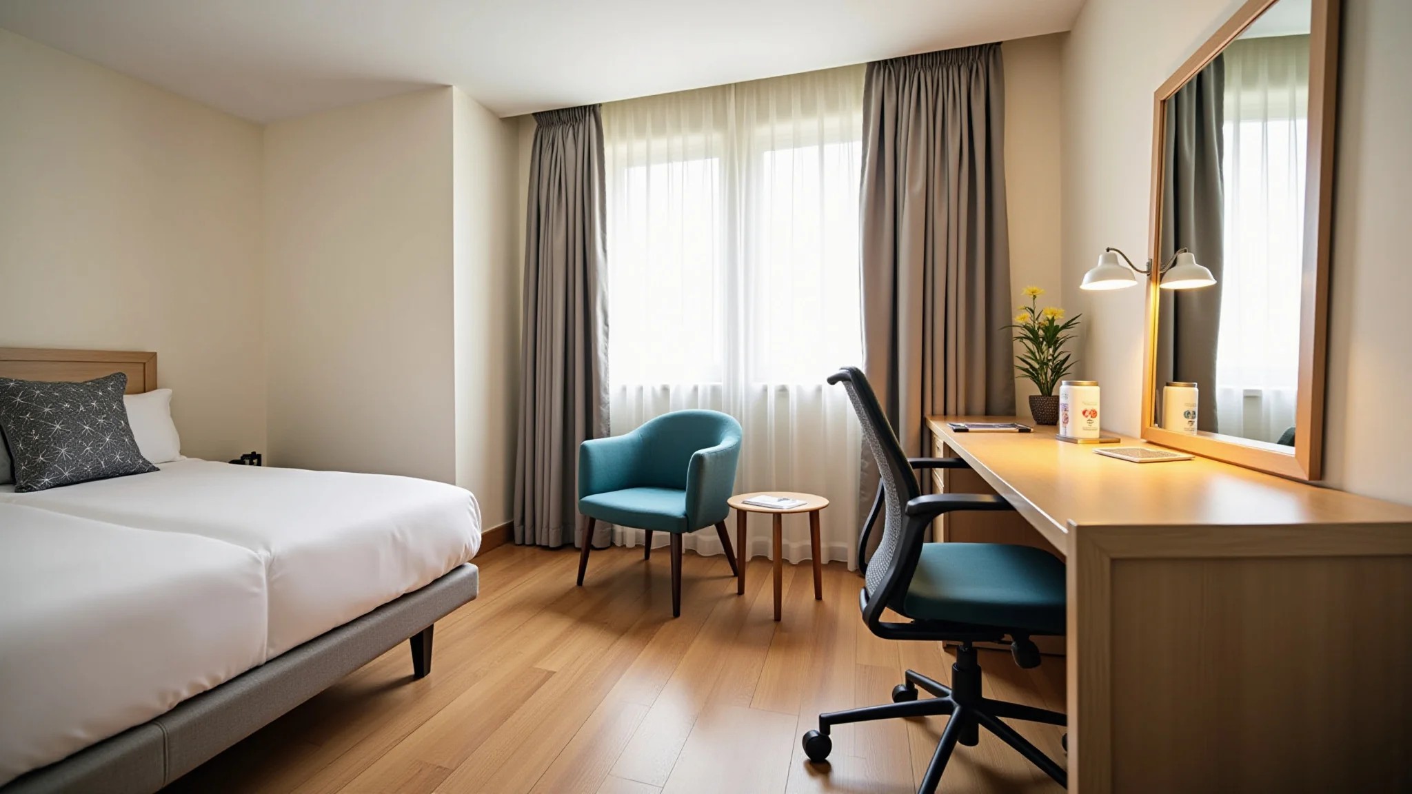 Quarto de hóspedes com escrivaninha e cadeira ergonômica, espaço de trabalho organizado.