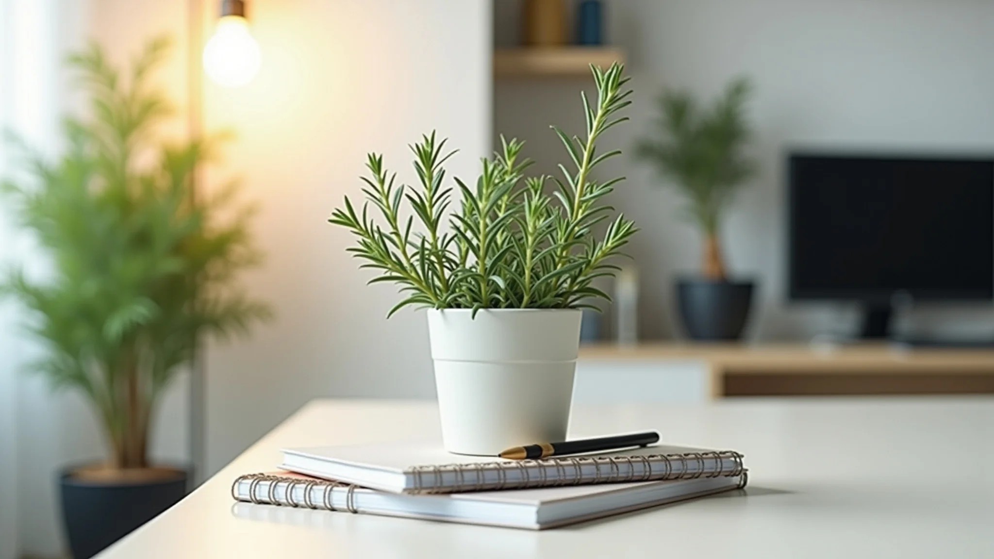 Escritório em casa com alecrim na mesa, decoração brasileira, luz natural.