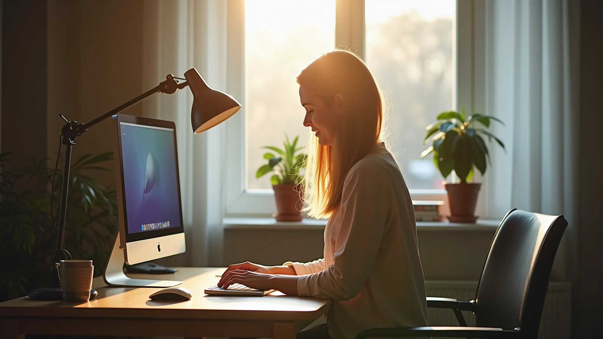 Escritório em casa com iluminação LED e luz natural, mulher trabalhando.