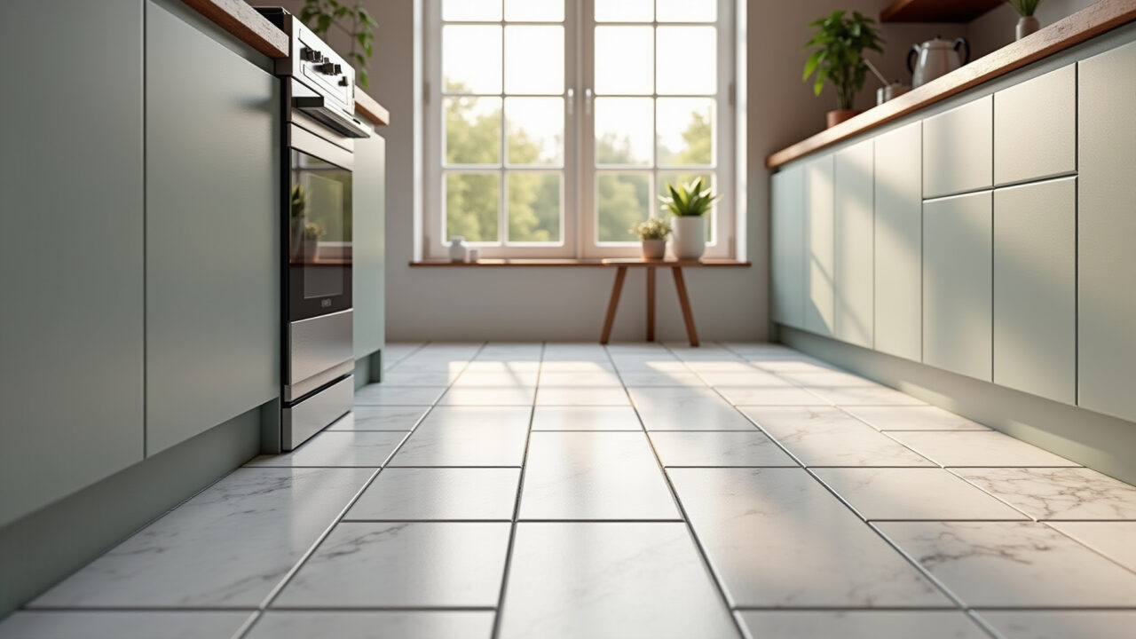Bancada de cozinha com porcelanato resistente a manchas e fácil de limpar.