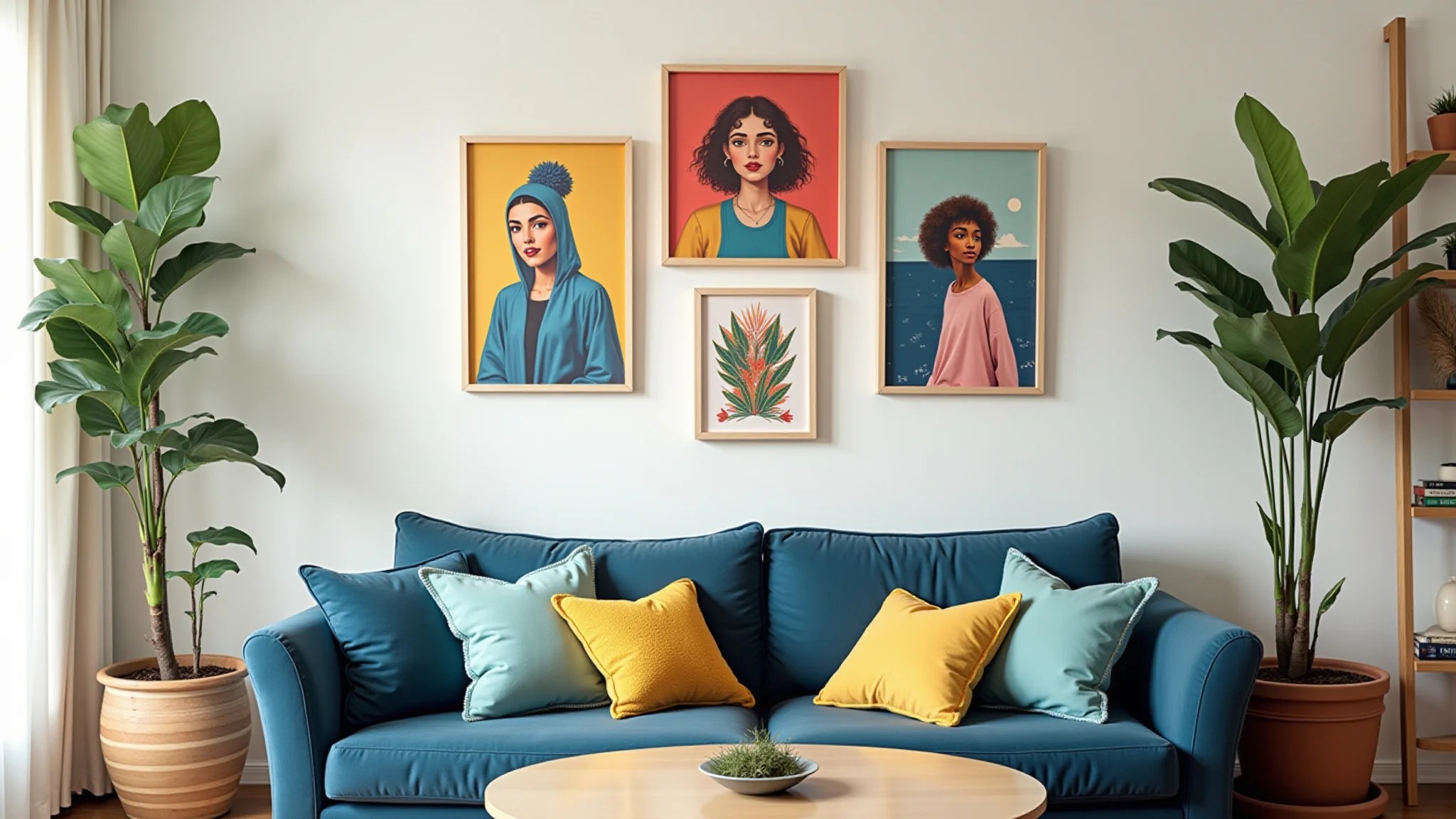 Parede de sala decorada com artes DIY coloridas e fotos emolduradas, decoração econômica.
