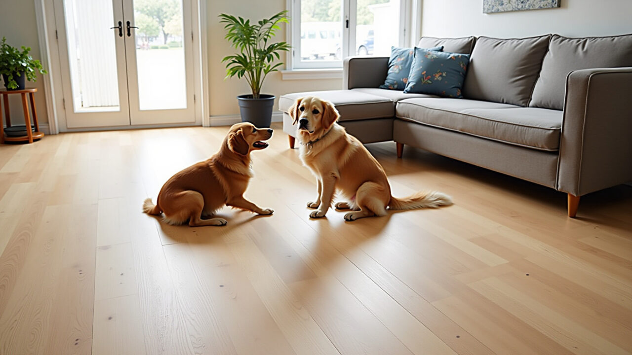Sala de estar com animais de estimação e piso LVT fácil de limpar.