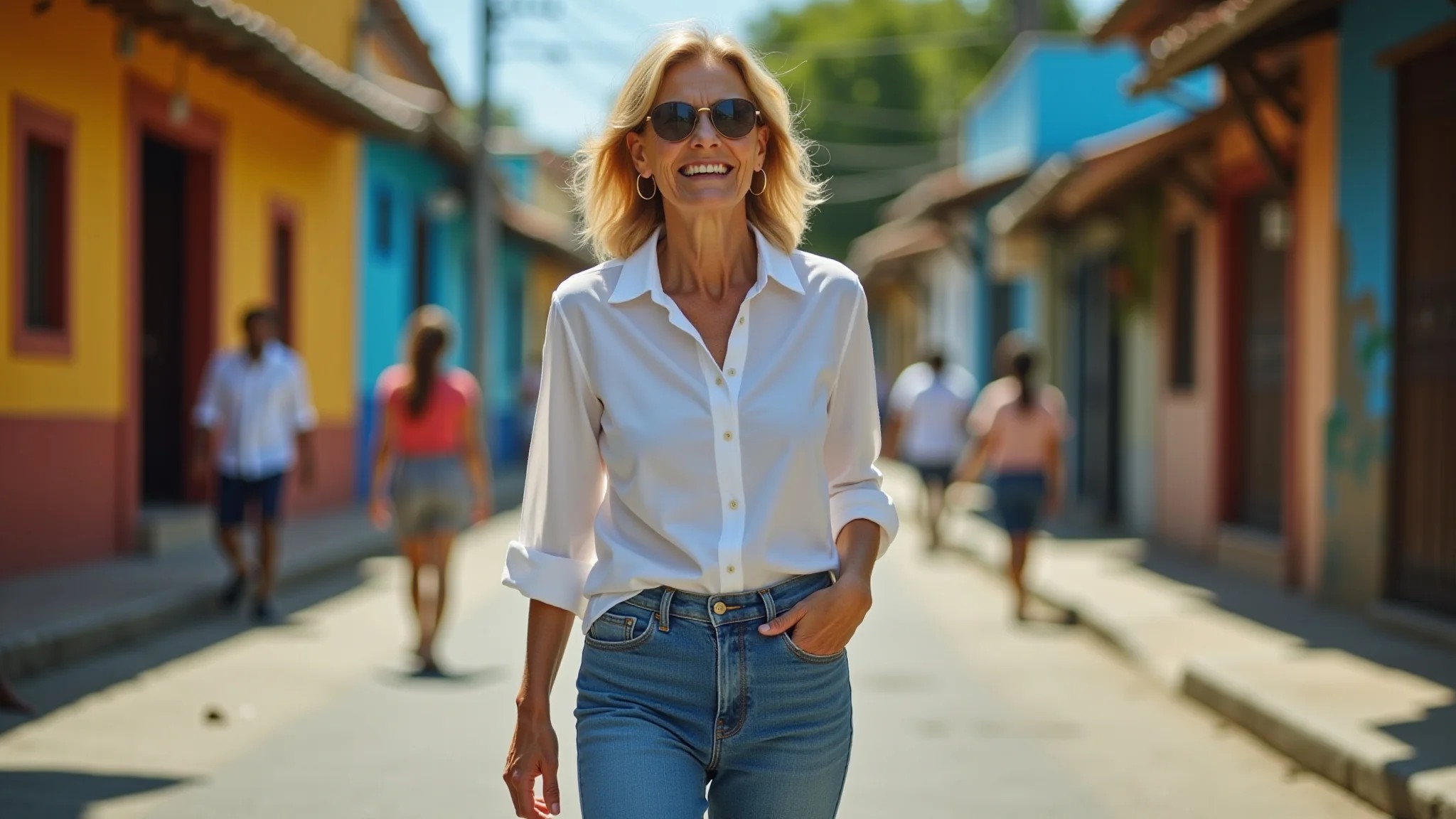 Mulher brasileira madura usando mom jeans e camisa branca, caminhando em rua vibrante no Brasil.