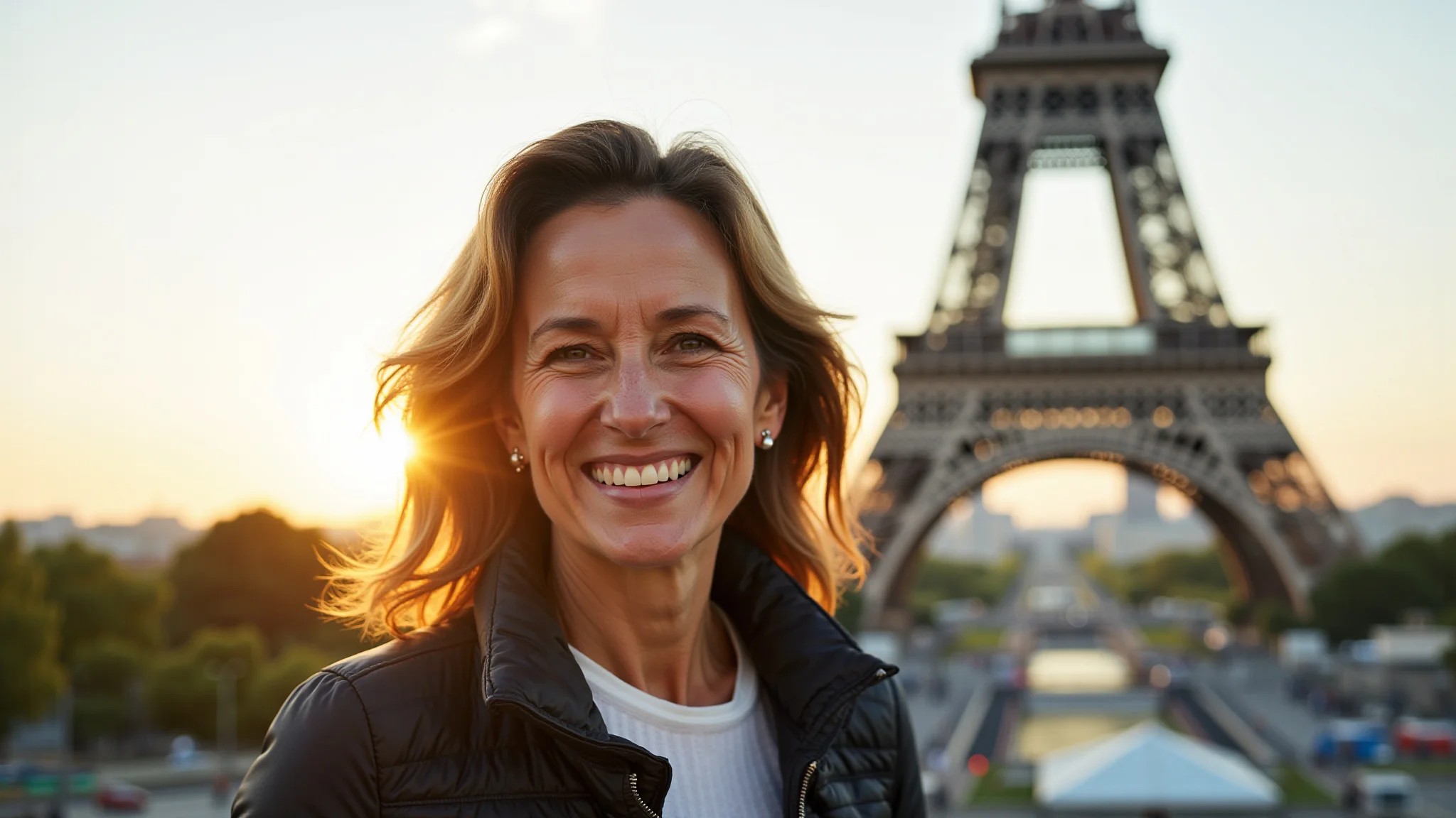 Mulher brasileira sorrindo em frente à Torre Eiffel, representando intercâmbio depois dos 30.