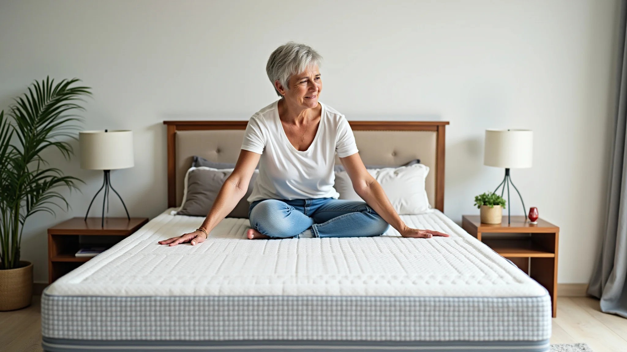 Mulher madura (60s) sentada confortavelmente em uma cama box, testando o colchão.