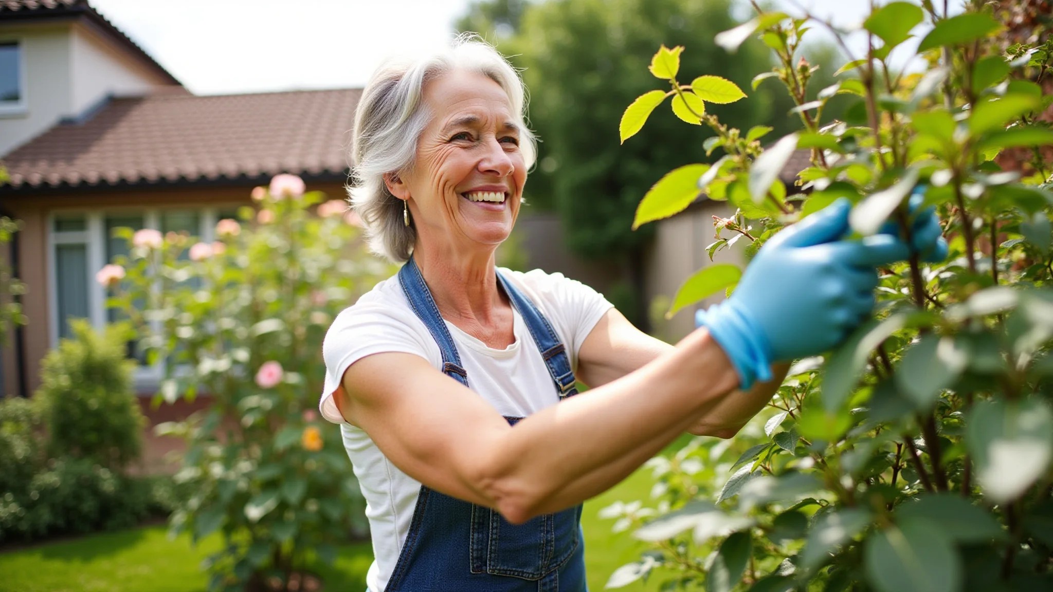 Mulher madura podando roseiras em um jardim ensolarado, usando luvas de jardinagem.