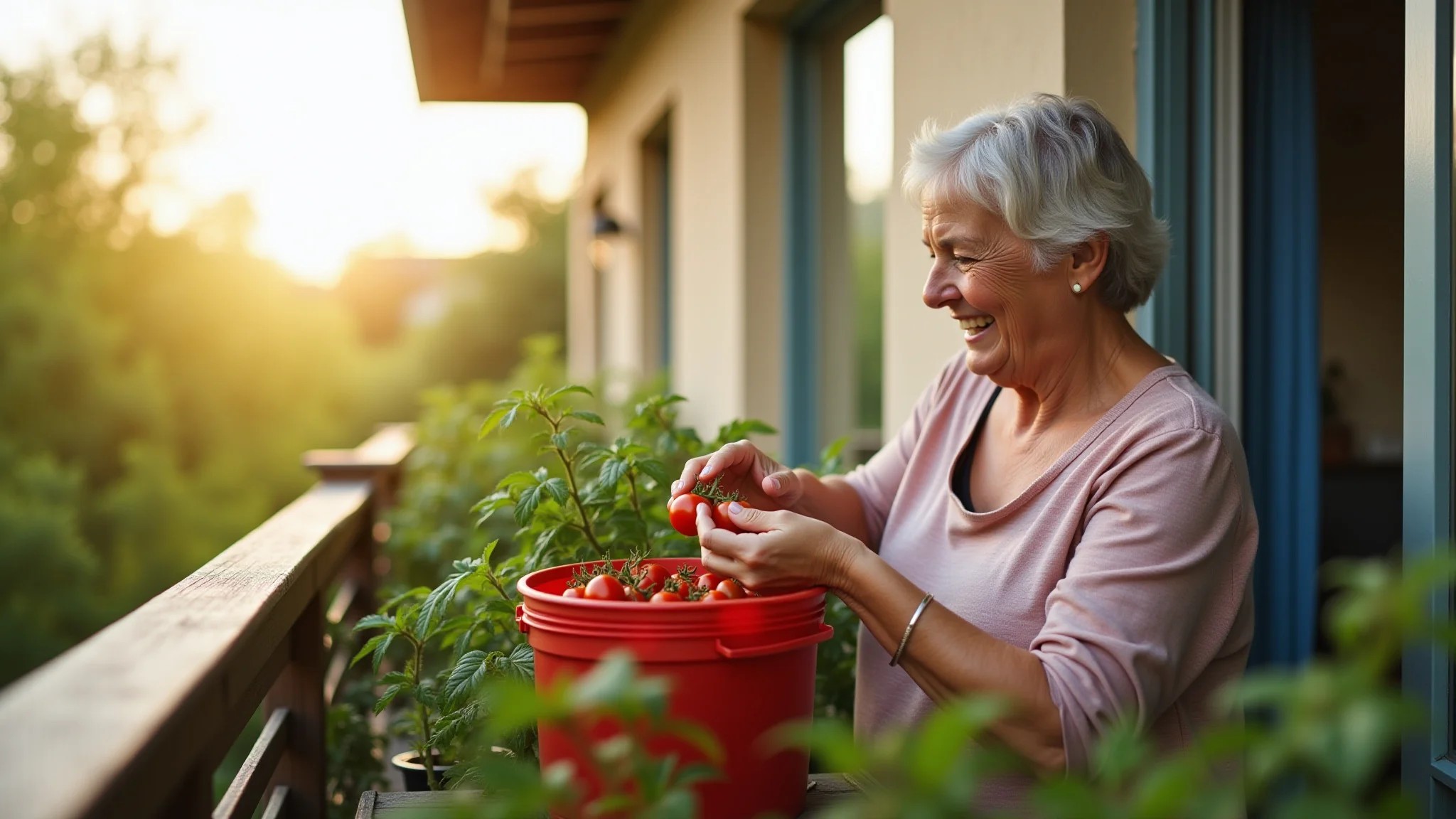 Mulher colhendo tomates cereja maduros de sua horta em vasos na varanda.