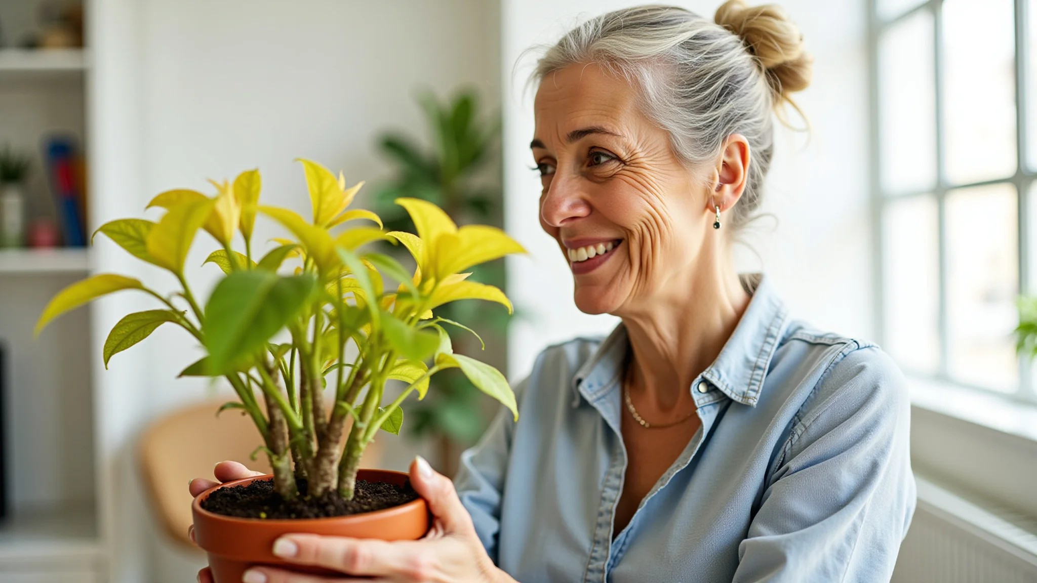 Mulher madura inspecionando planta em vaso com folhas amarelas em apartamento estilo brasileiro.