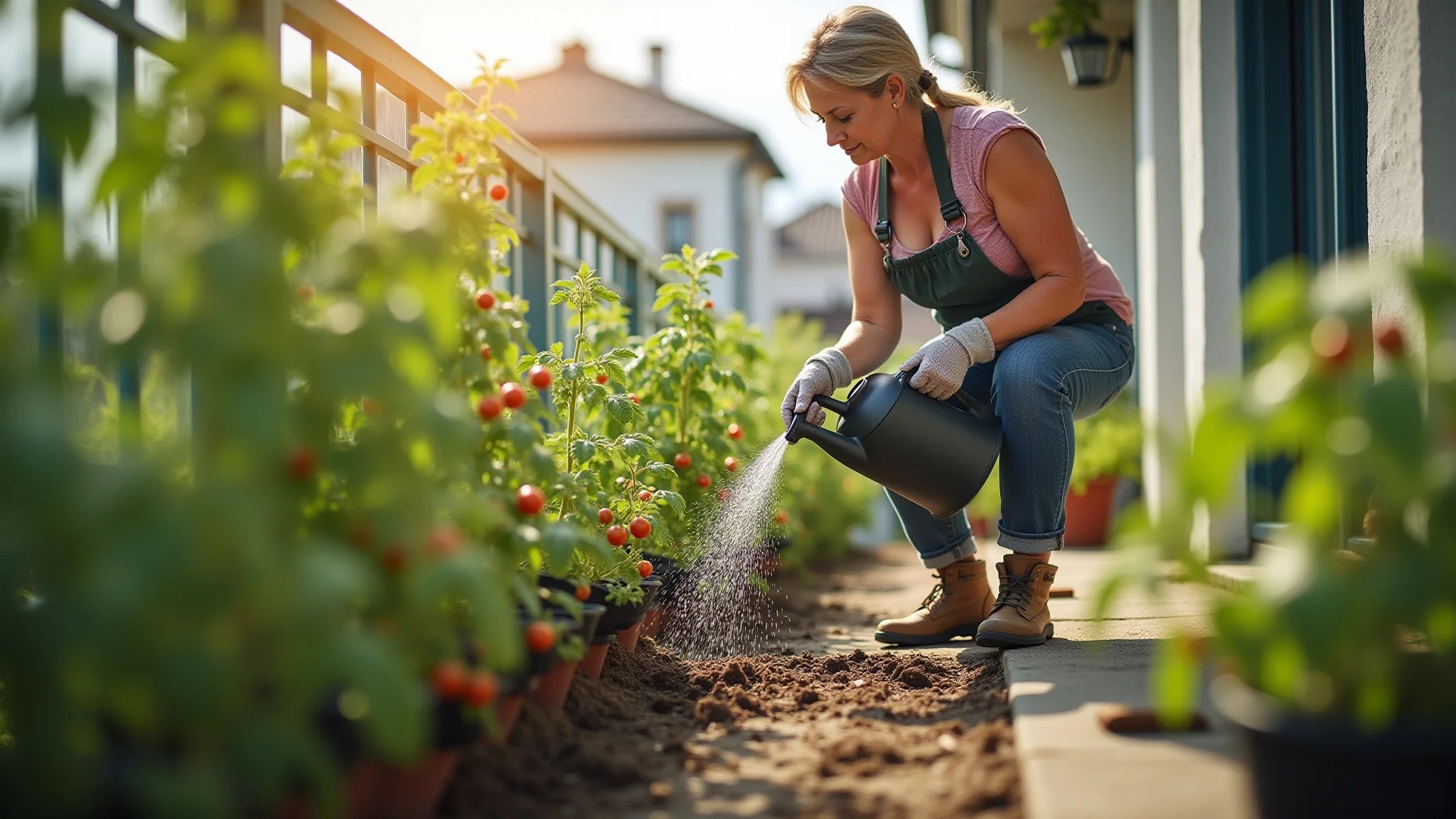 Mulher madura regando seus tomates em uma varanda ensolarada, estilo Farm Rio.