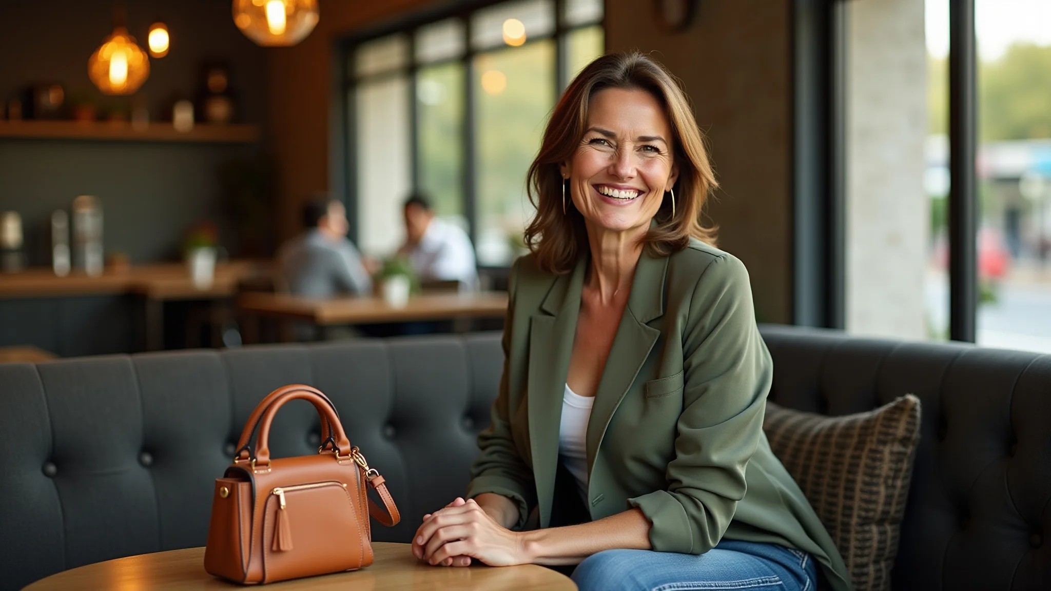 Mulher de meia-idade em um café estiloso com uma mini bag chique na mesa.