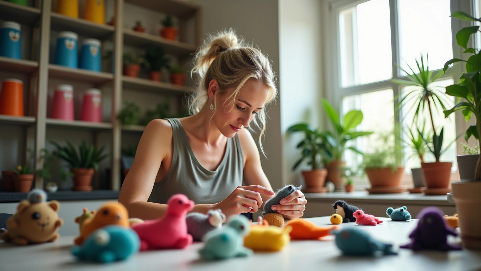 Mulher criando bichinhos de feltro em casa, ambiente aconchegante com decoração brasileira.