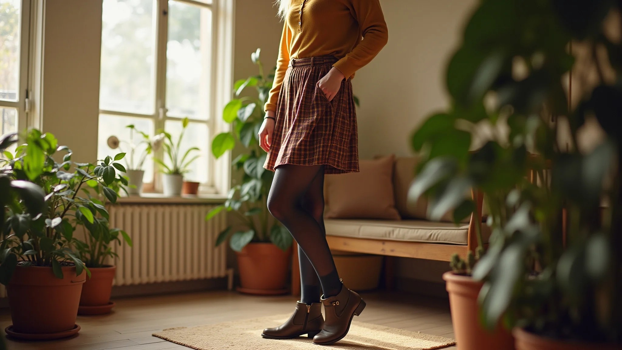 Mulher de meia-idade com saia, bota cano curto e meia-calça escura em apartamento aconchegante.