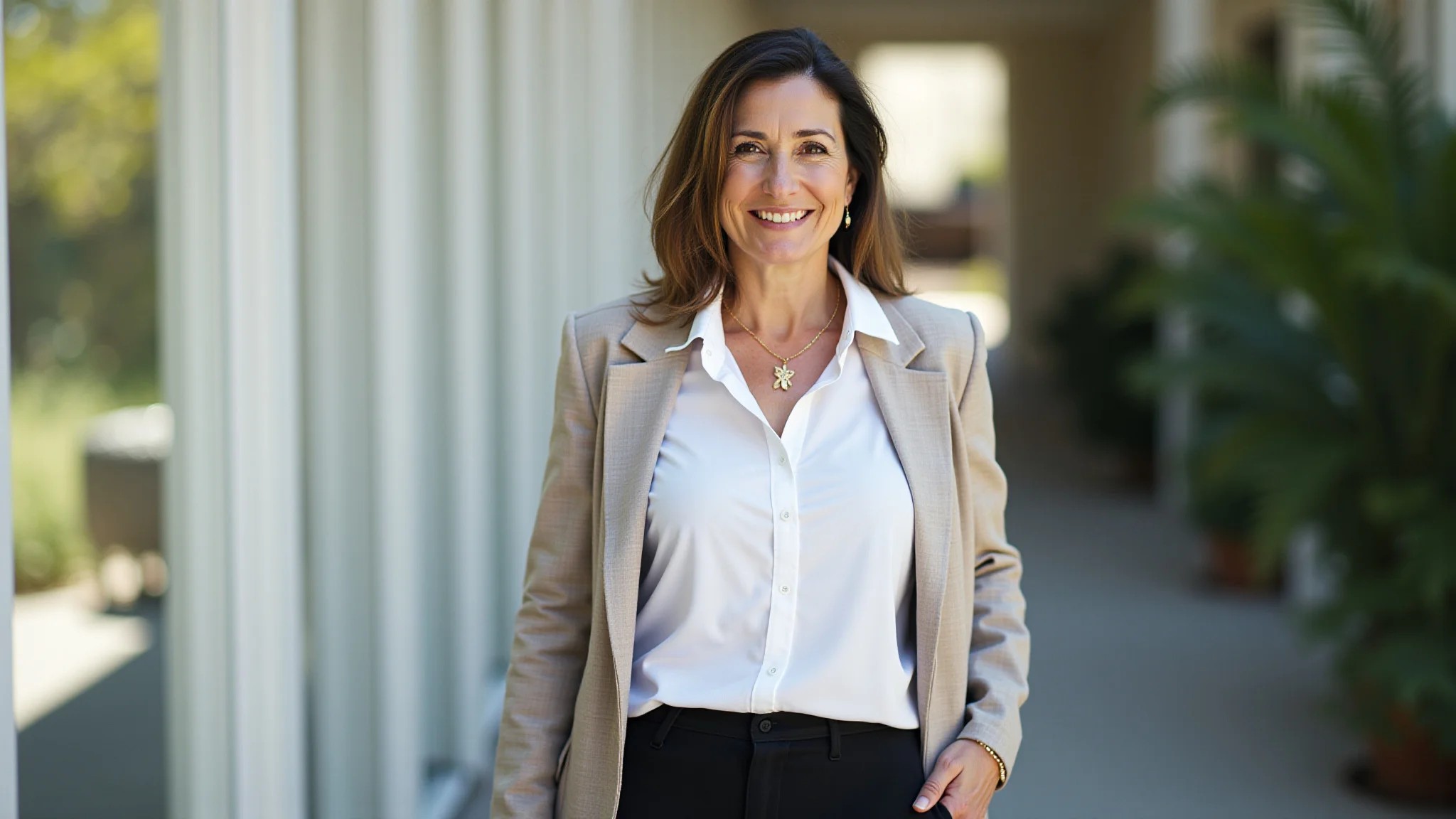 Mulher de meia-idade usando legging escura, camisa branca oversized e blazer com colar delicado.
