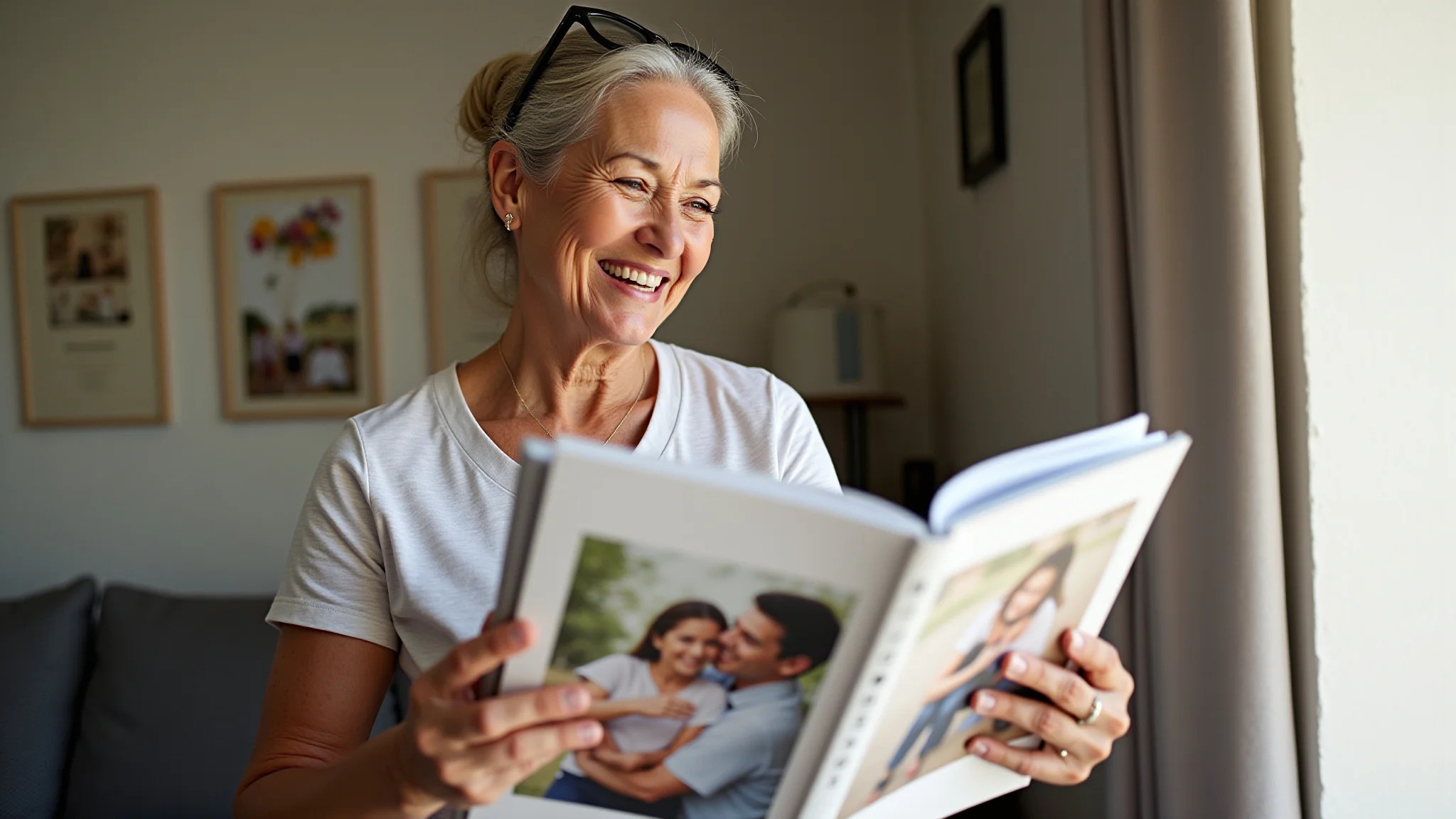 Mãe brasileira sorrindo com álbum de fotos personalizado, presente emocionante de Dia das Mães.