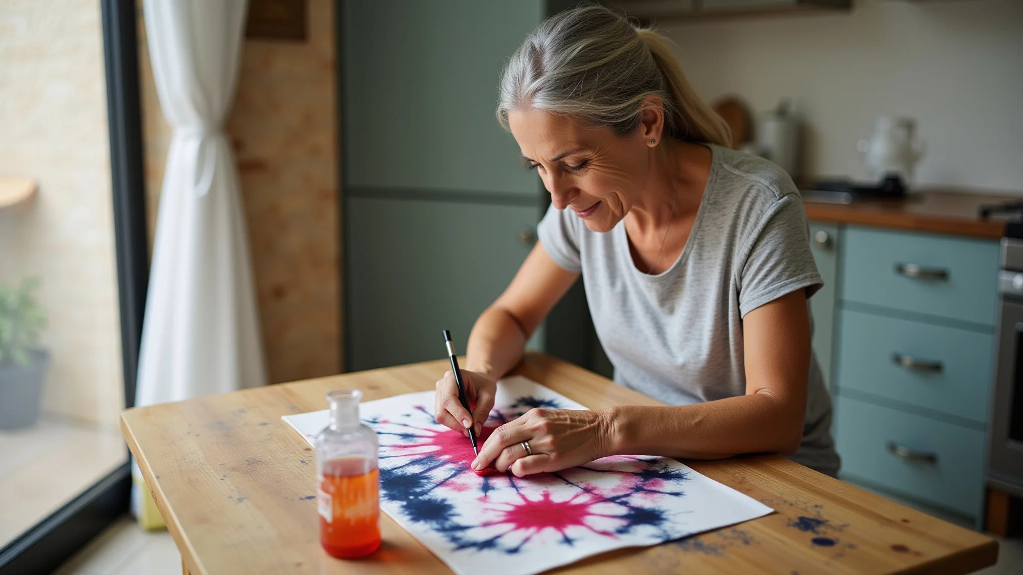 Mulher brasileira de meia-idade fazendo tie-dye em casa com corantes naturais.