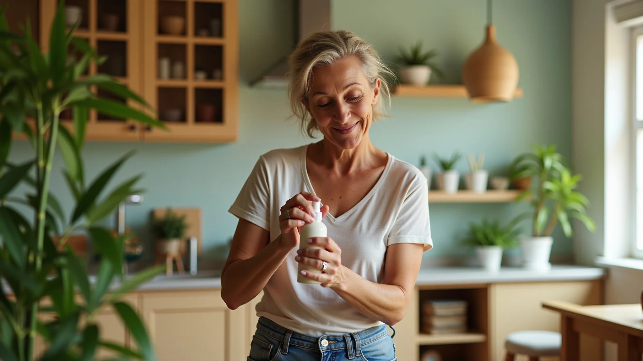 Mulher preparando spray aromatizador de bambu em casa brasileira ensolarada.