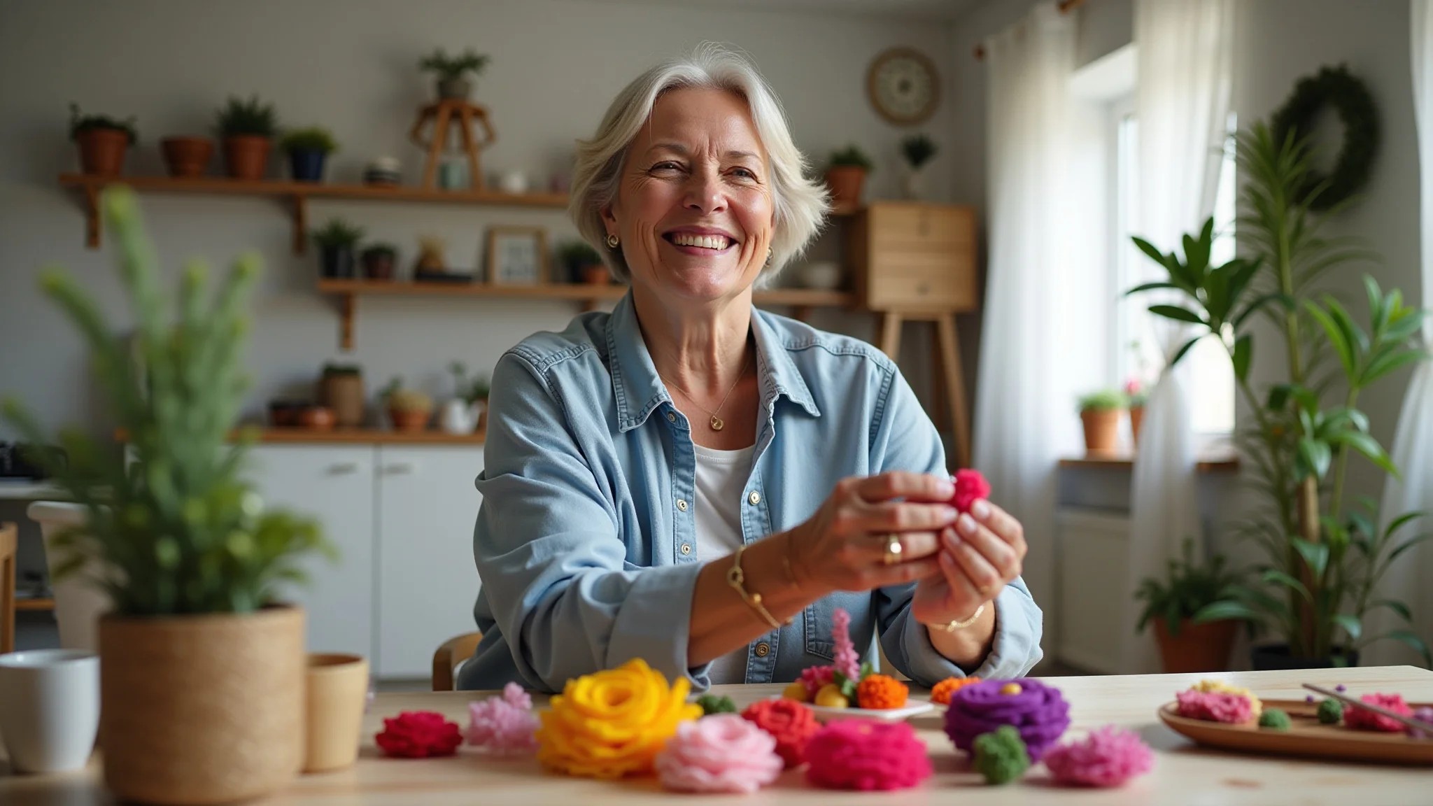 Mulher sorrindo costurando flores de feltro em casa, decoração brasileira.