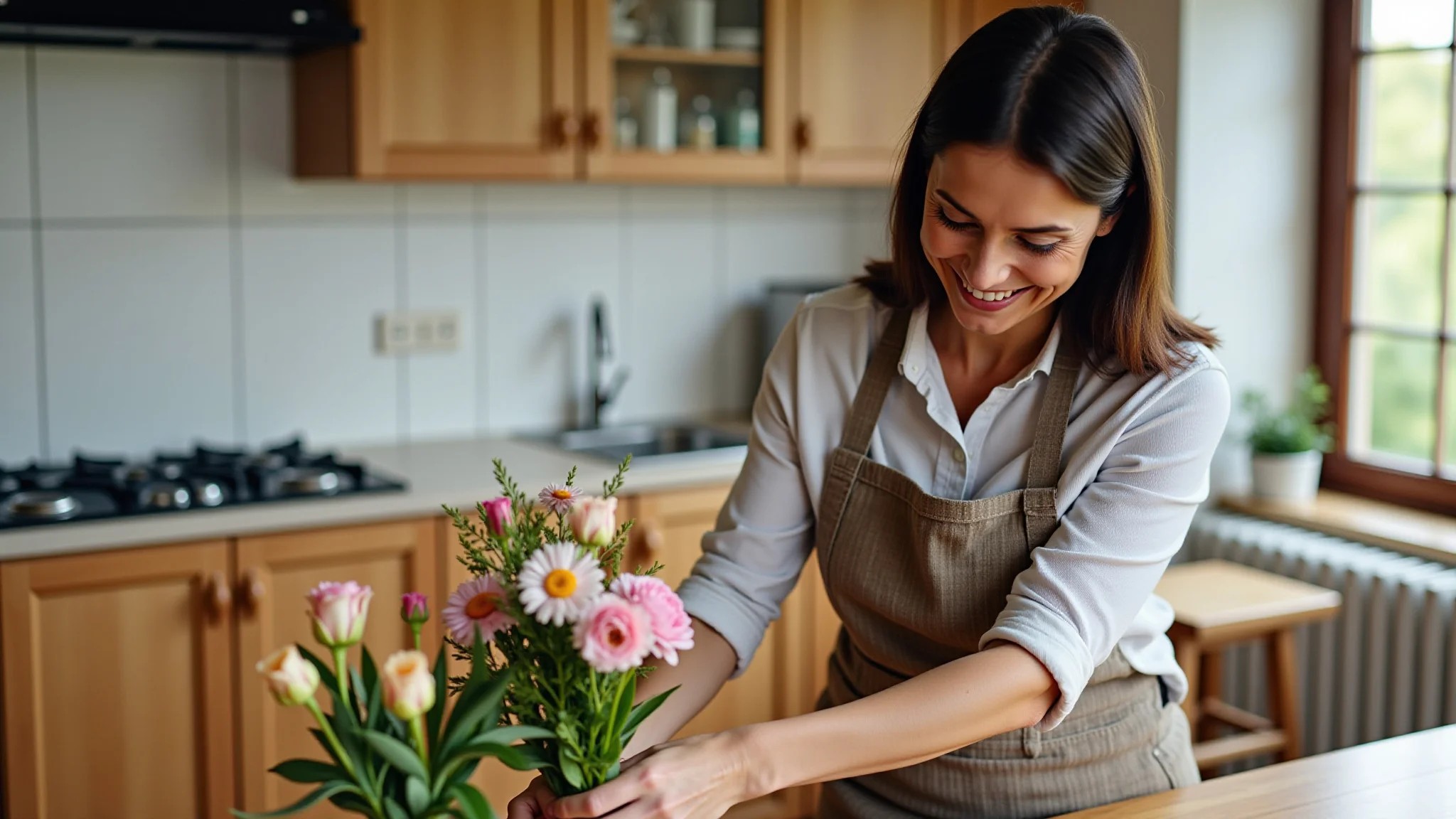 Mulher brasileira de meia-idade arrumando flores em um vaso em uma cozinha estilo fazenda.
