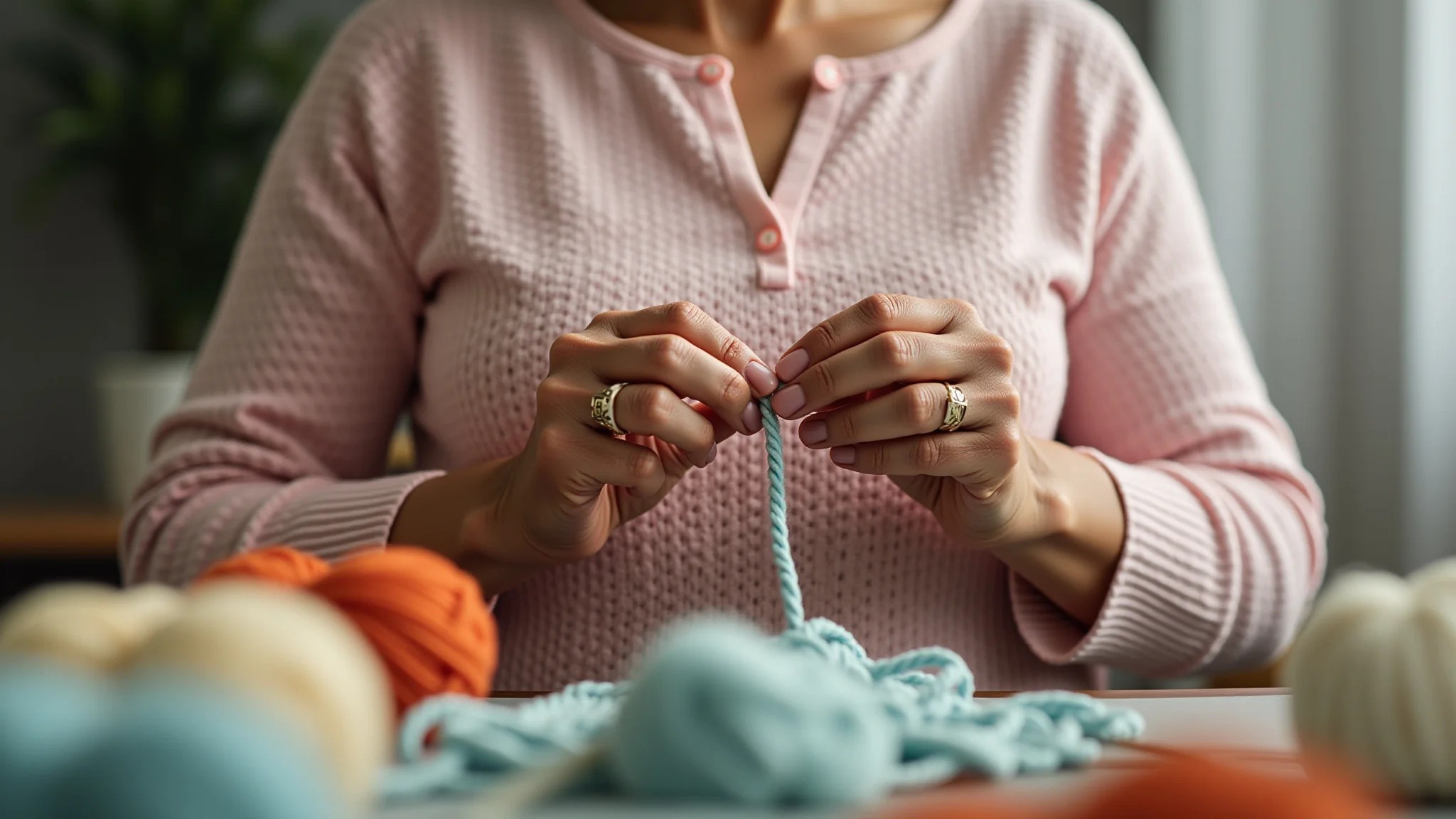 Brasileira de meia-idade crocheta um top, foco nas mãos e no fio.