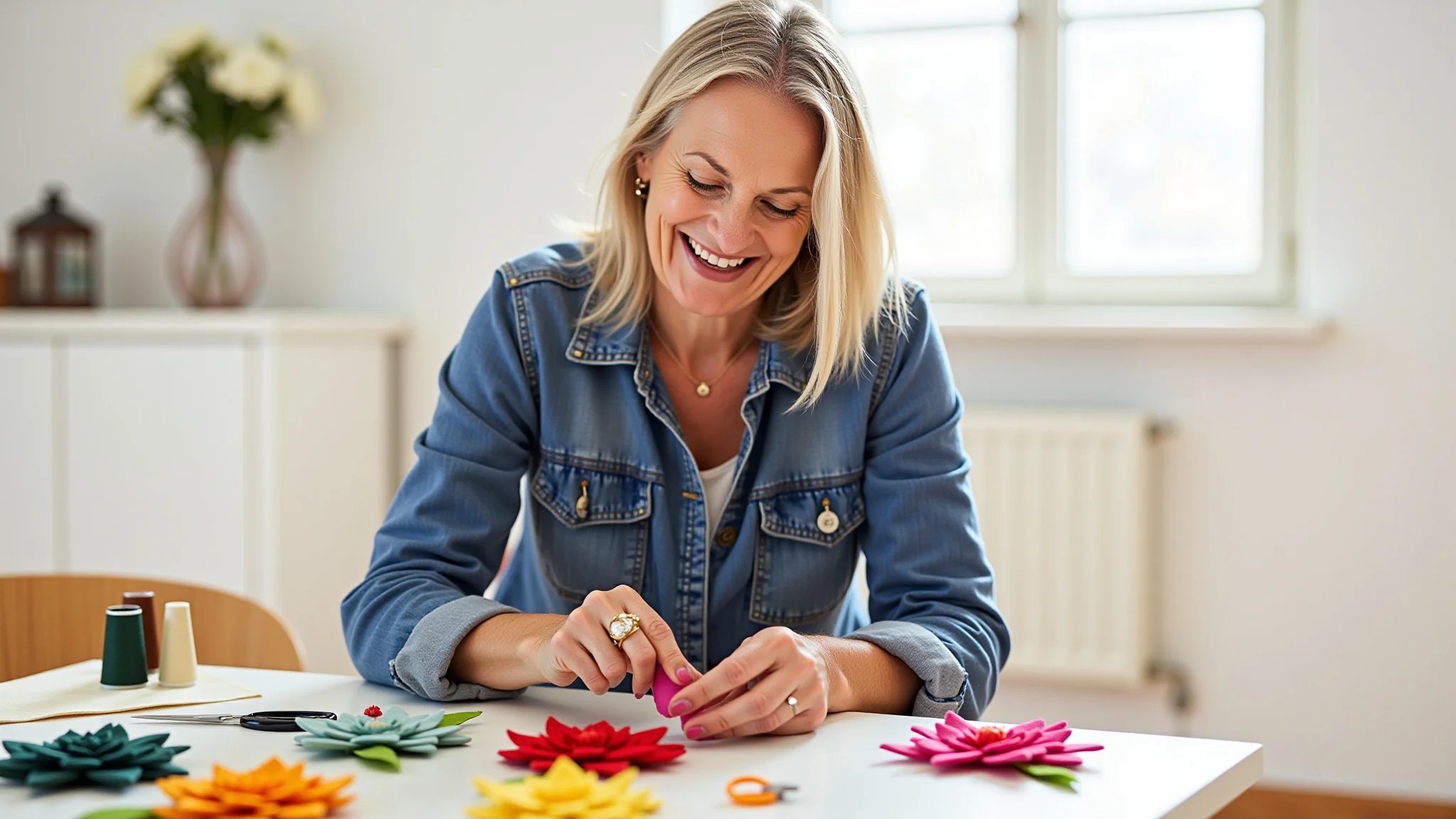Artesã sorrindo enquanto cria flores de feltro em casa, cercada de materiais.