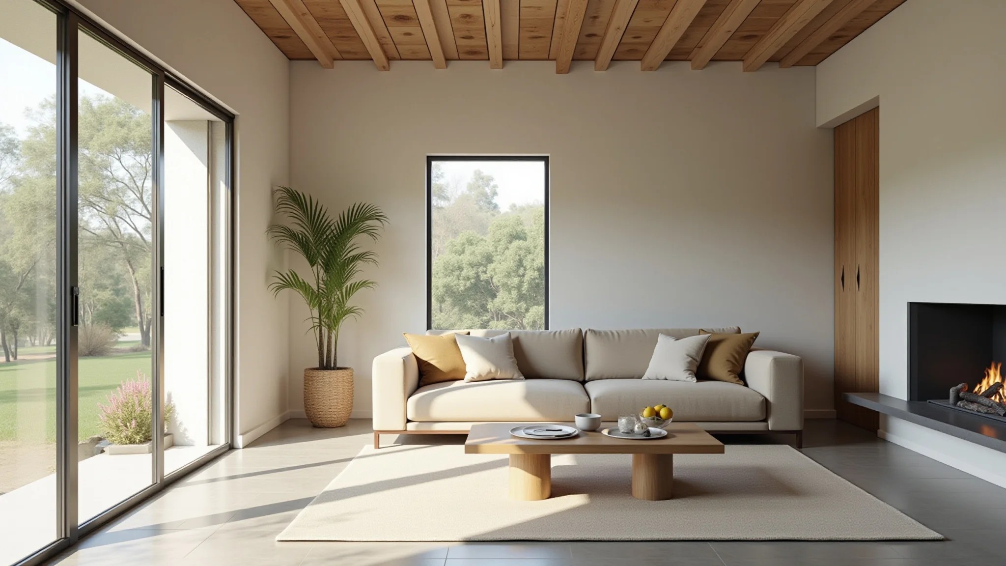 Sala minimalista com piso de cimento claro, iluminação natural e decoração brasileira.