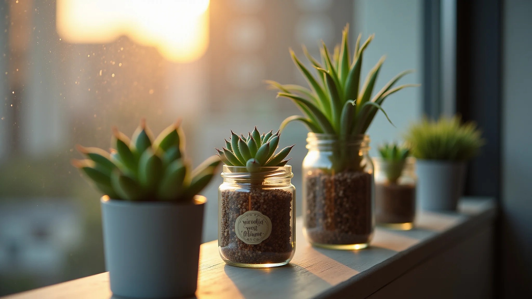 Mini jardim de suculentas em latas e potes de vidro reciclados em varanda de apartamento.