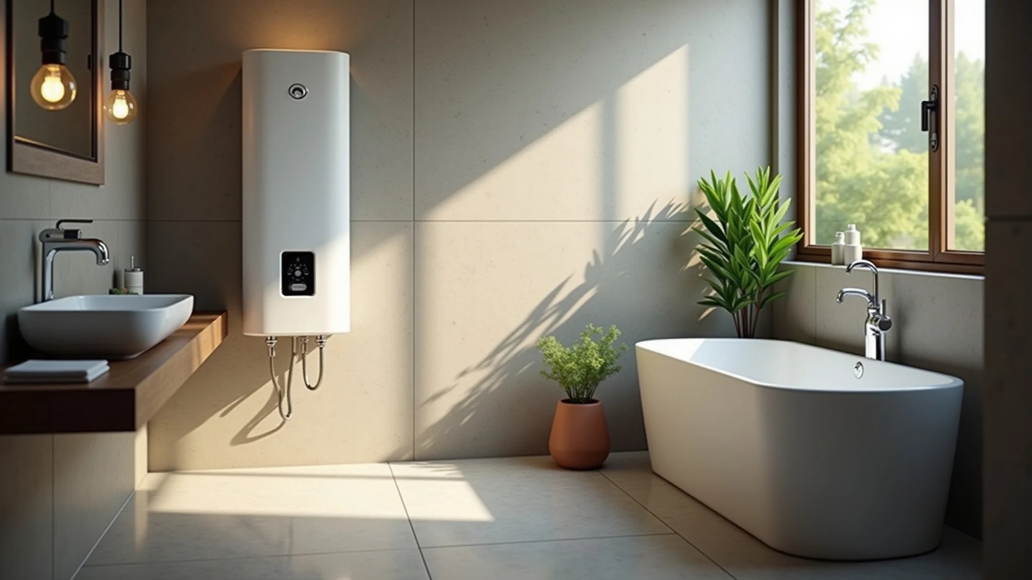 Banheiro moderno com aquecedor a gás, iluminação natural, ambiente aconchegante e estilo brasileiro.