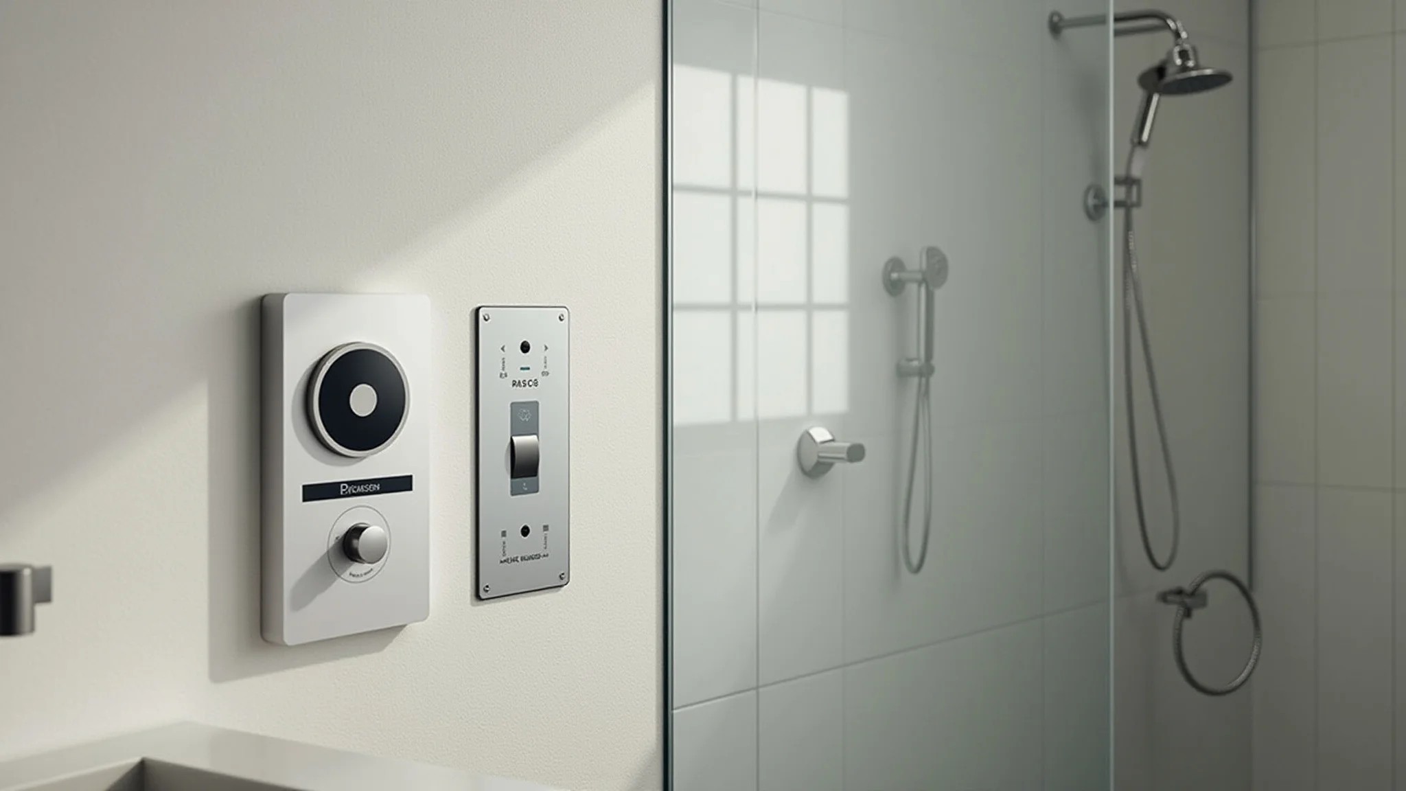 Banheiro moderno com chuveiro elétrico e interruptor bipolar visível, priorizando a segurança.