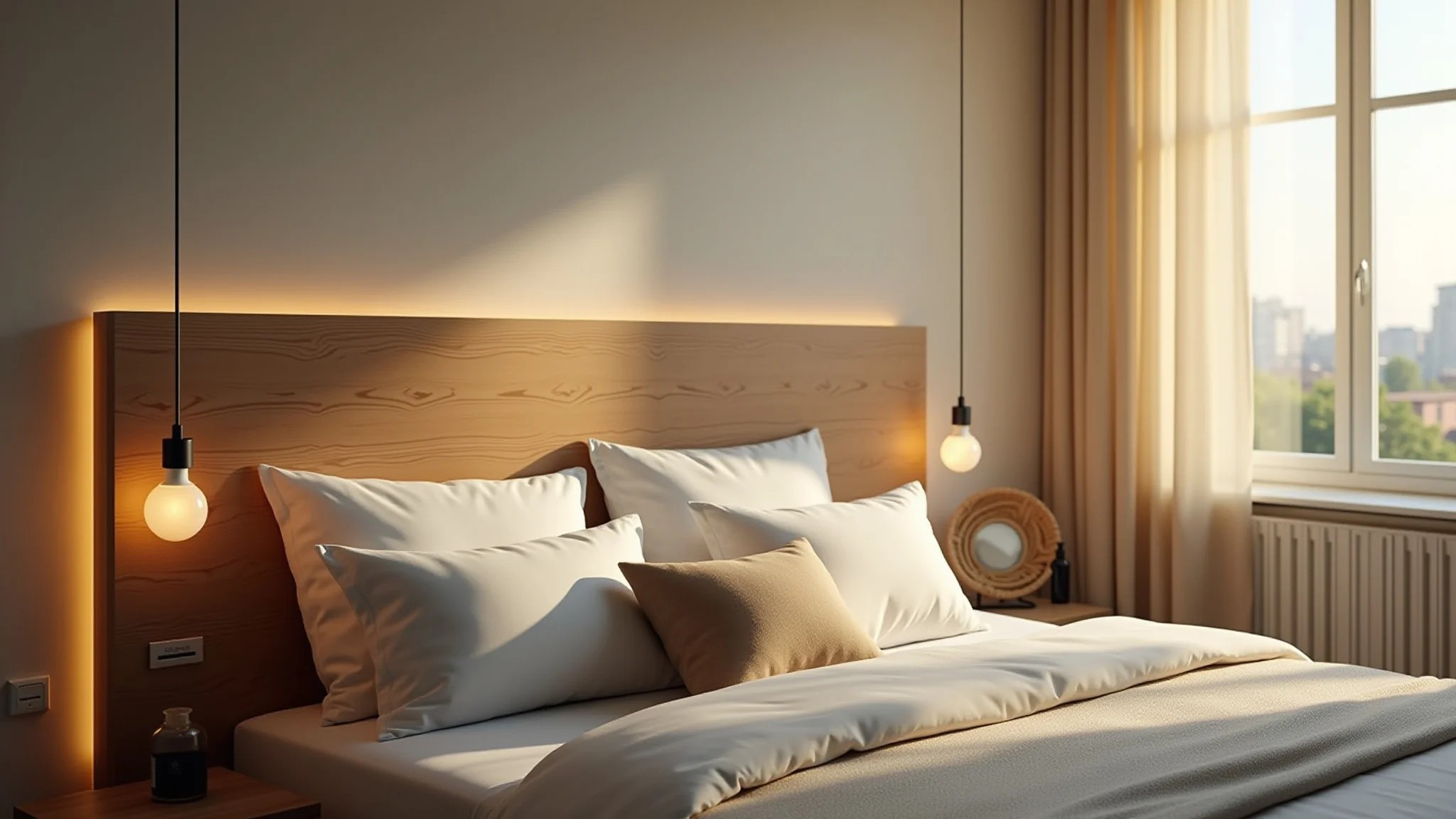 Quarto moderno com cabeceira de madeira e design minimalista brasileiro.