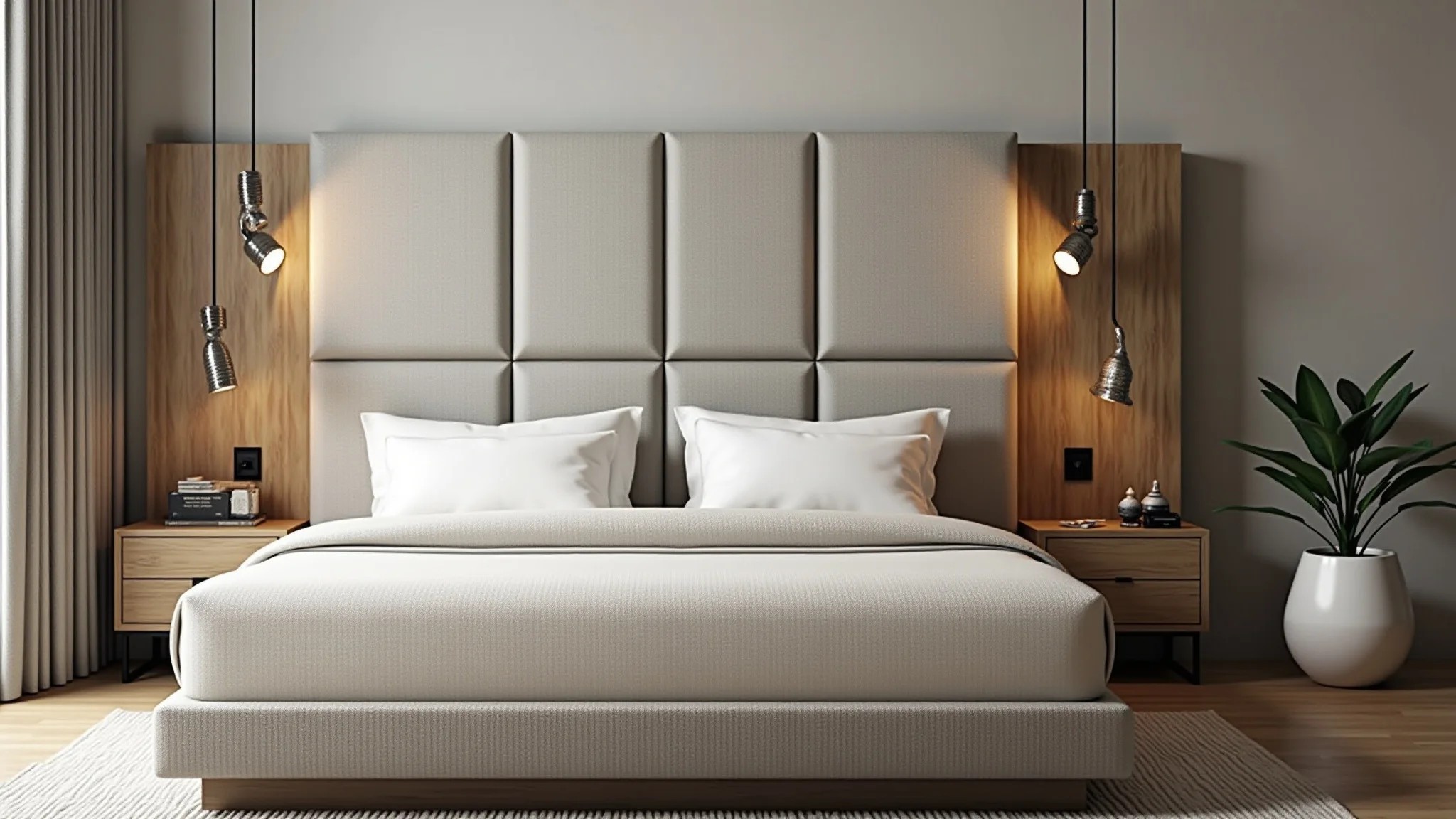 Quarto moderno com cabeceira modular, design personalizado e texturas naturais.