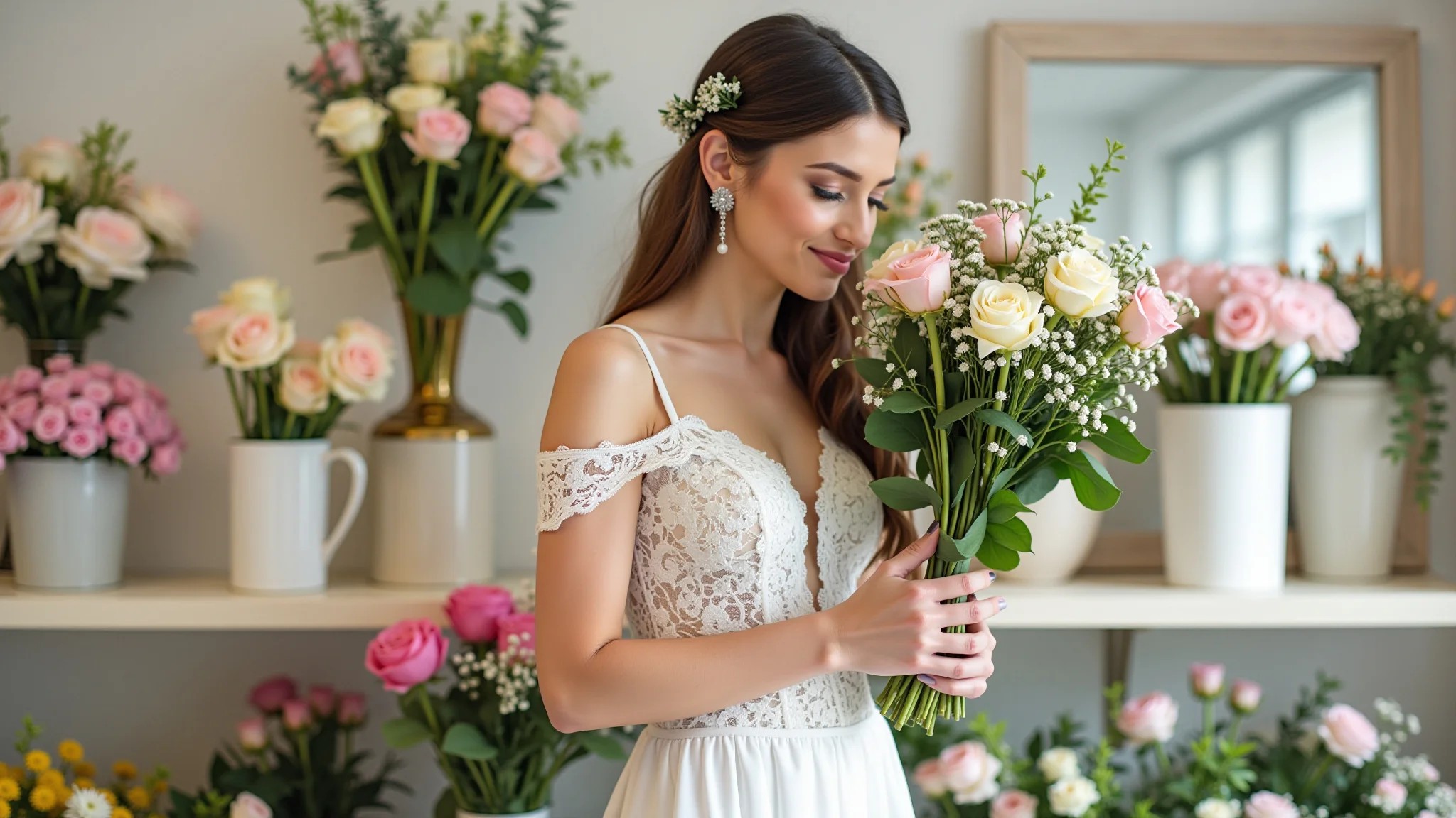 Noiva moderna escolhendo flores para o buquê em uma floricultura.