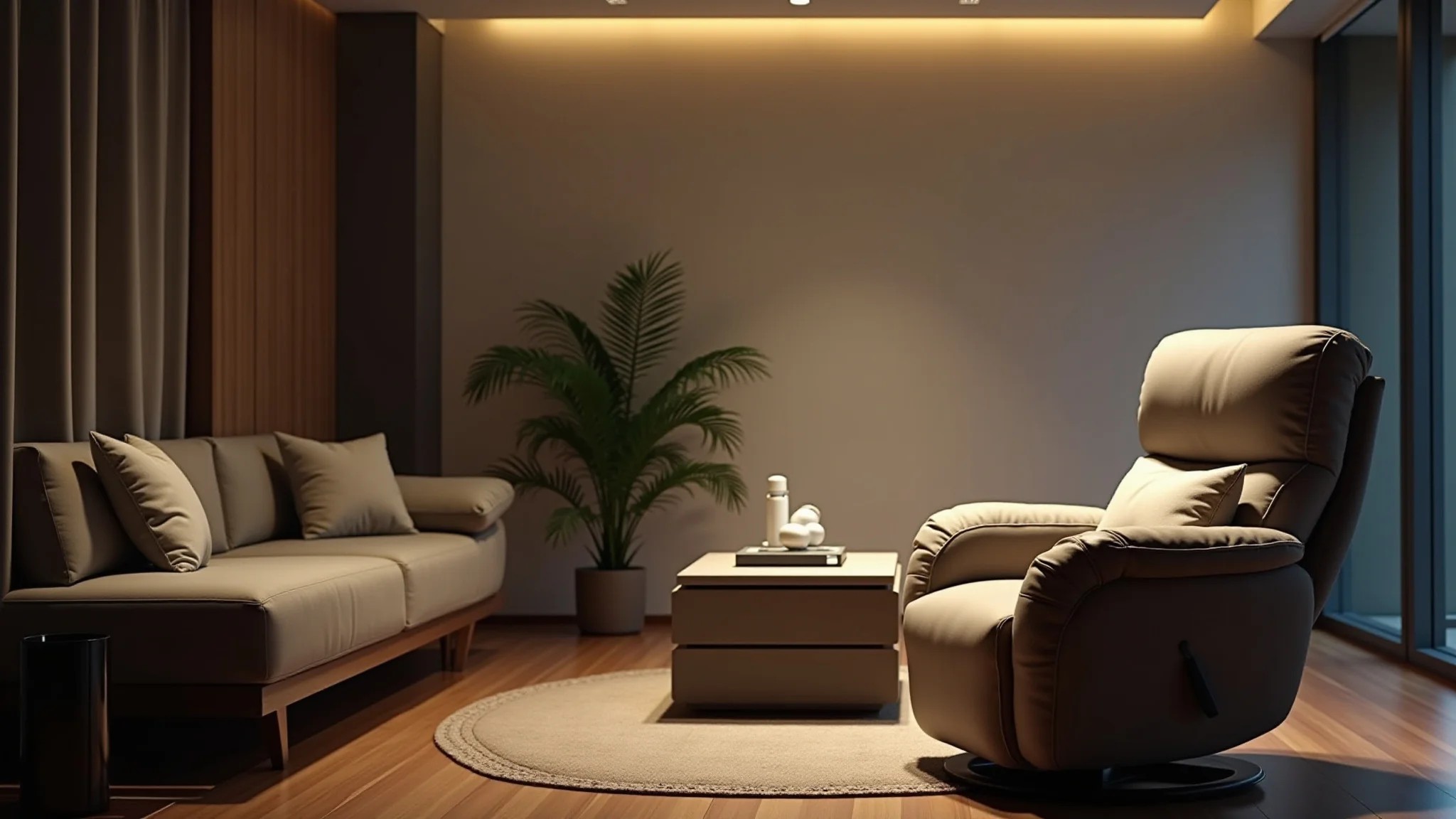 Sala de jogos moderna com poltrona reclinável confortável, mesa lateral e iluminação suave.